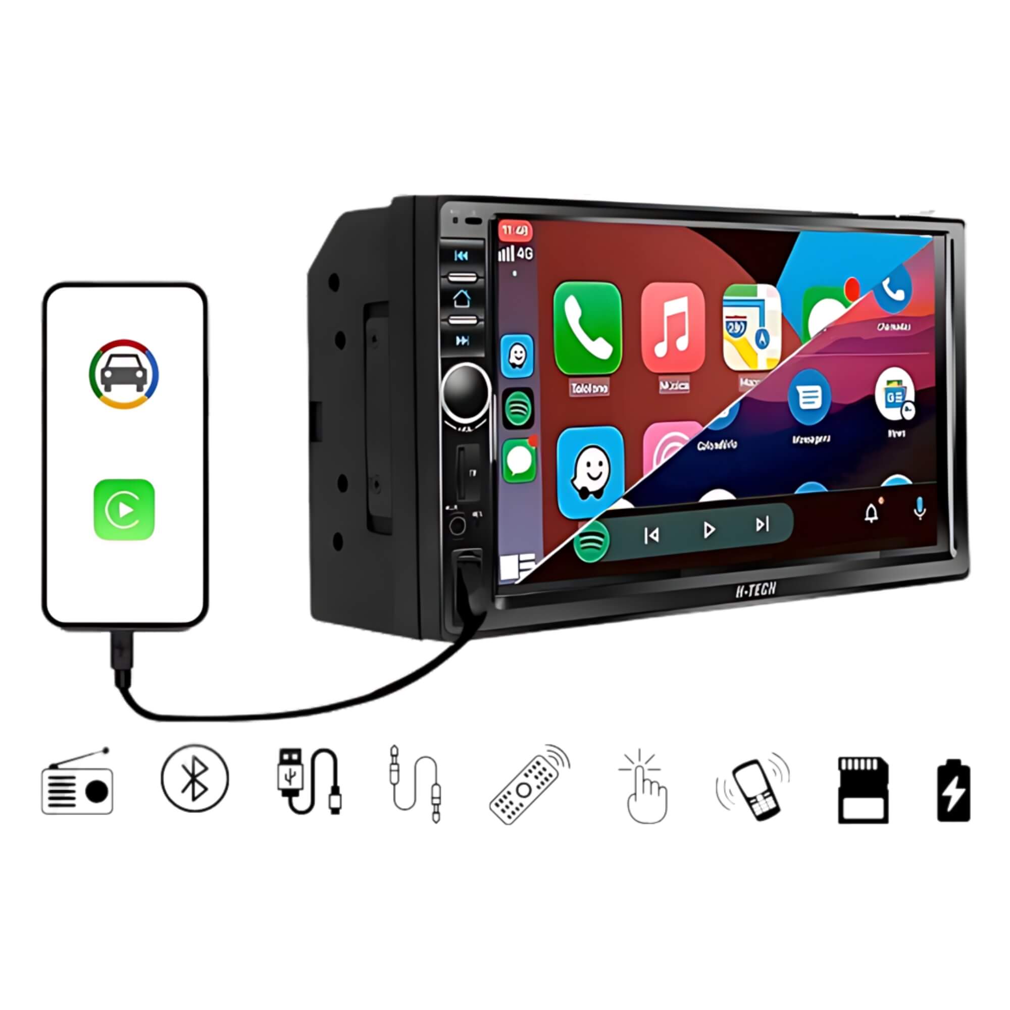 Central Multimídia 7" Polegadas USB/SD CARD/AUX/BT/ESP/CP/AA Com Botão H-TECH - 5625CA