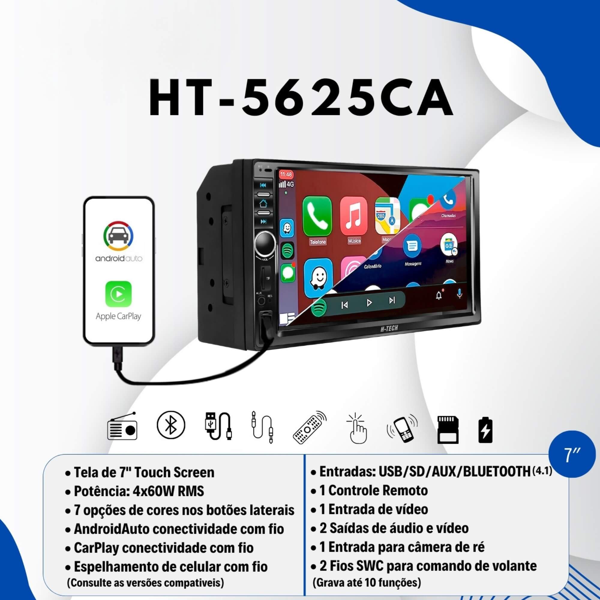 Central Multimídia 7" Polegadas USB/SD CARD/AUX/BT/ESP/CP/AA Com Botão H-TECH - 5625CA
