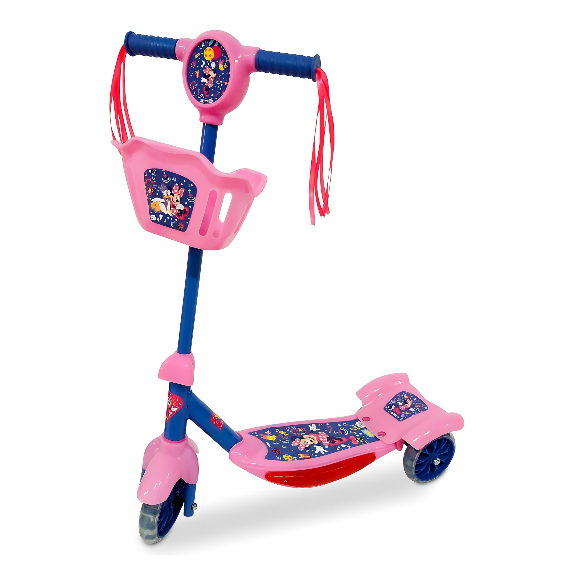 Patinete Infantil Rosa Com Cesta 3 Rodas Luz Led e Som +3 Até 40kg Minnie Zippy Toys - 9041