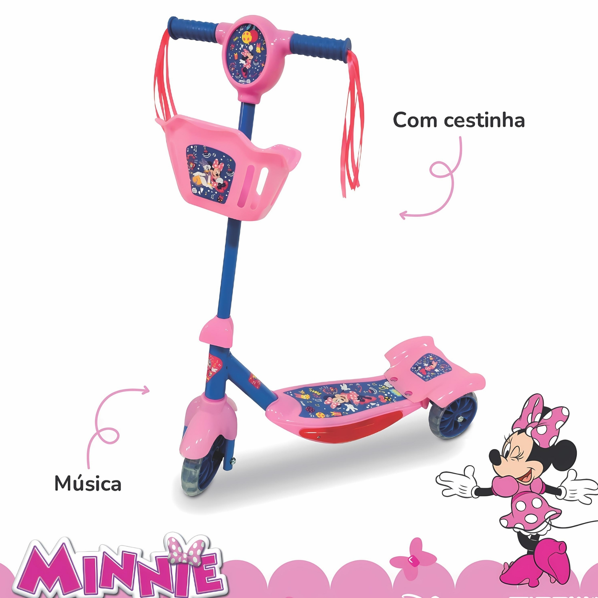 Patinete Infantil Rosa Com Cesta 3 Rodas Luz Led e Som +3 Até 40kg Minnie Zippy Toys - 9041