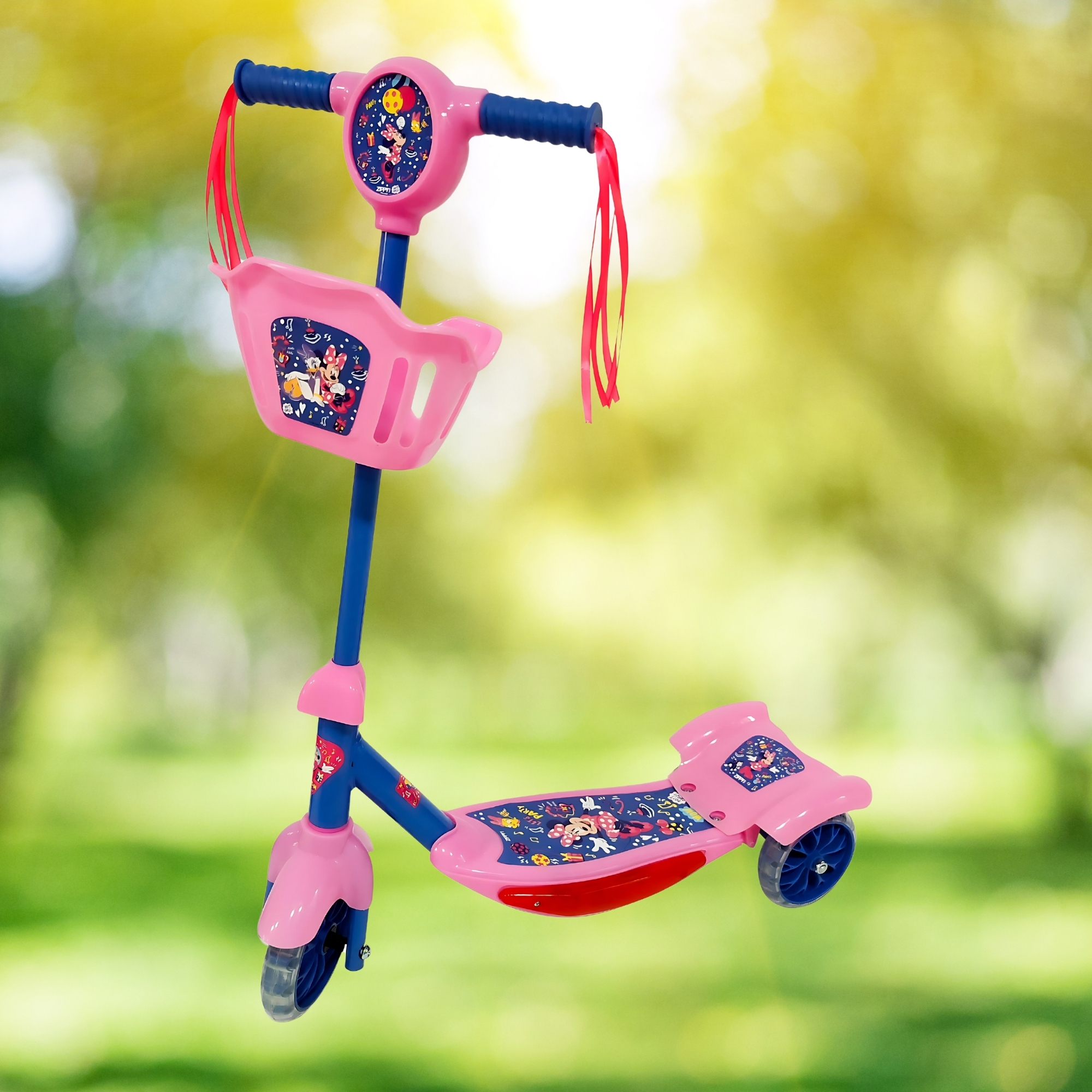 Patinete Infantil Rosa Com Cesta 3 Rodas Luz Led e Som +3 Até 40kg Minnie Zippy Toys - 9041