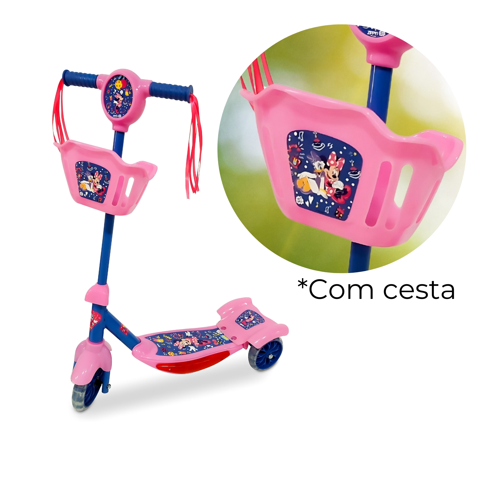 Patinete Infantil Rosa Com Cesta 3 Rodas Luz Led e Som +3 Até 40kg Minnie Zippy Toys - 9041