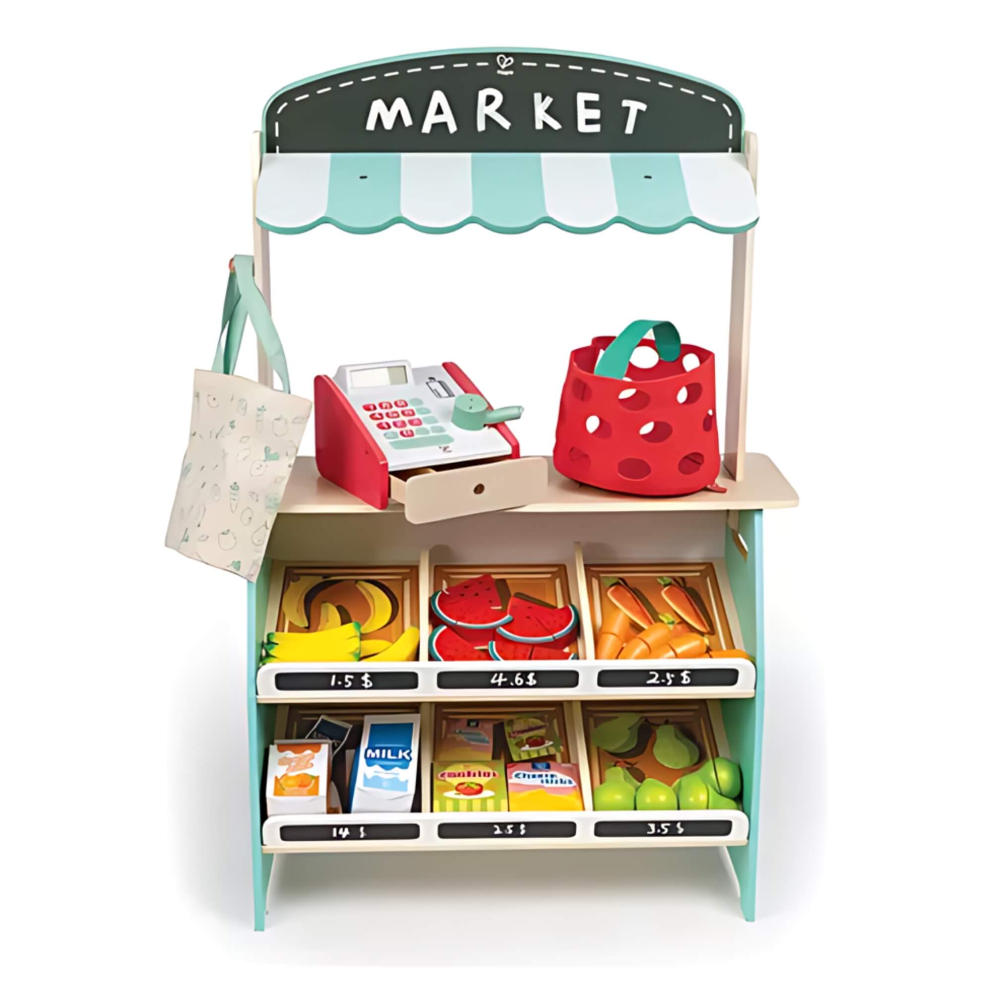 Brinquedo Infantil Mercadinho Em Madeira Com Frutas E Caixa Registradora 67454 - Xalingo