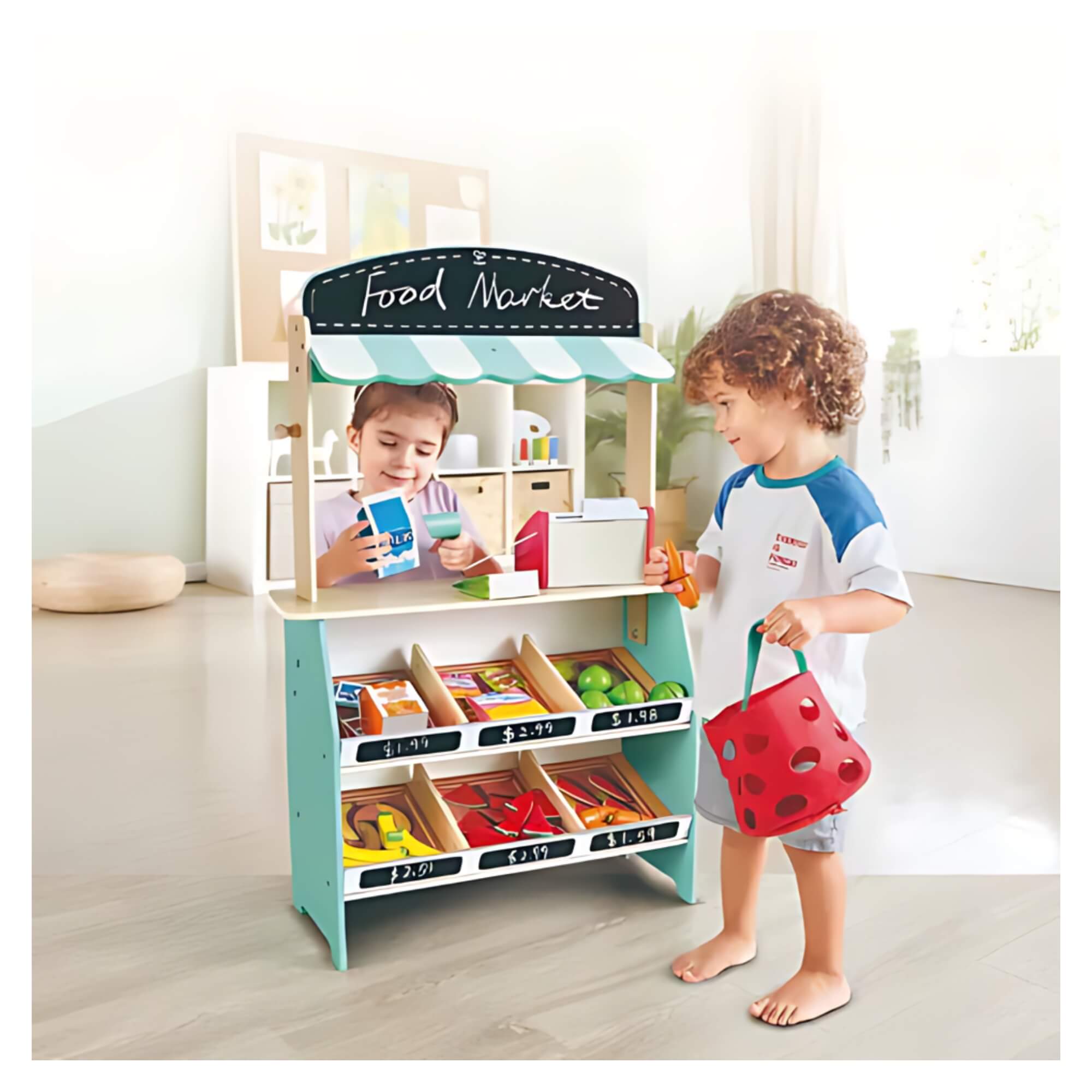 Brinquedo Infantil Mercadinho Em Madeira Com Frutas E Caixa Registradora 67454 - Xalingo