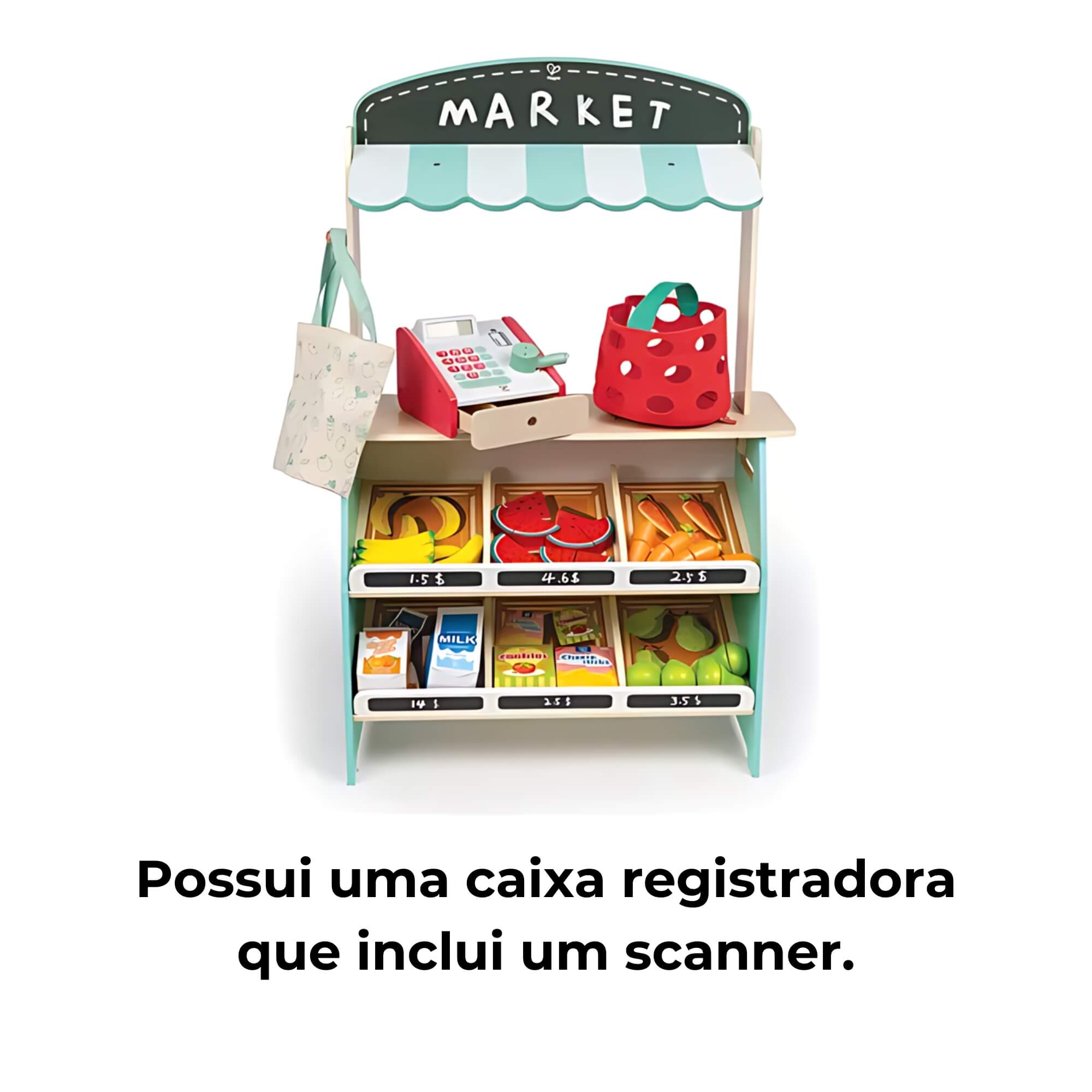 Brinquedo Infantil Mercadinho Em Madeira Com Frutas E Caixa Registradora 67454 - Xalingo