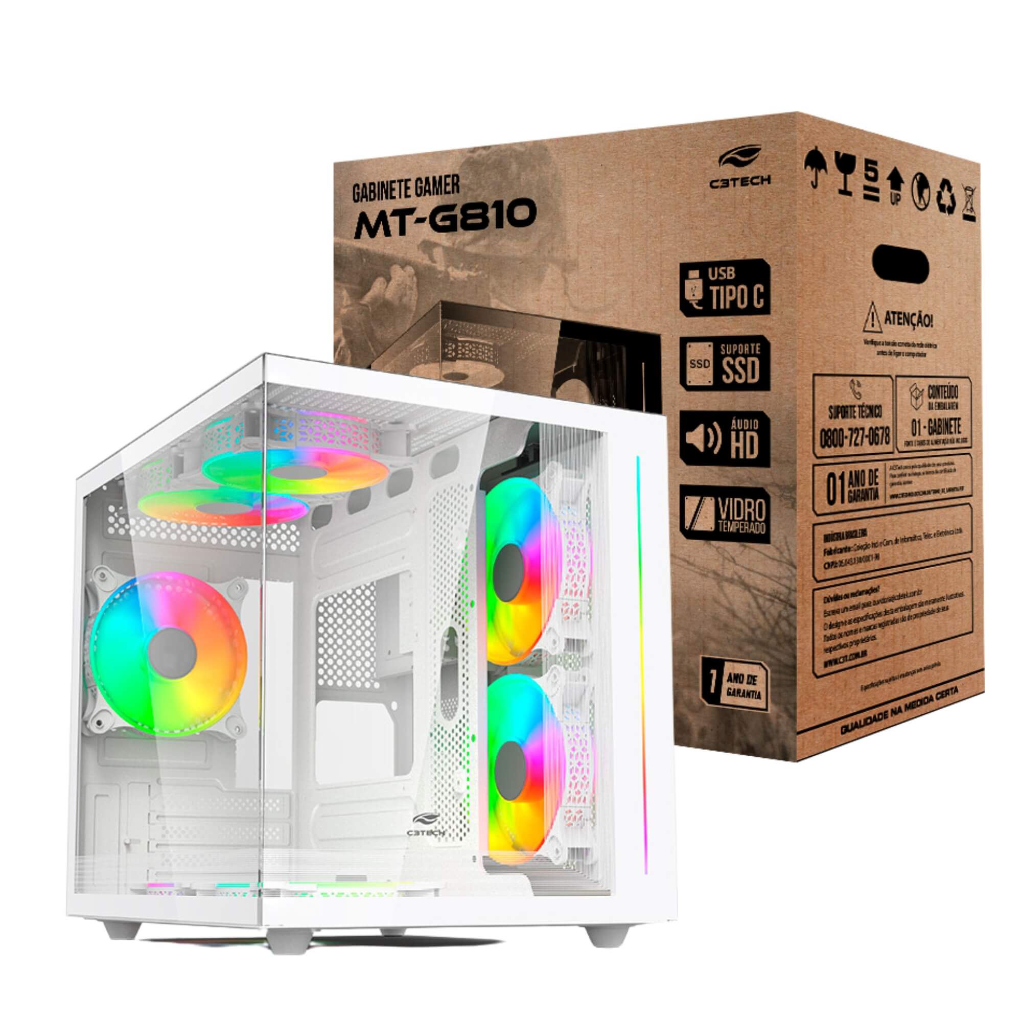 Gabinete Aquarius MT-G810WH Sem Fonte C3 Tech Gaming - 301030580400