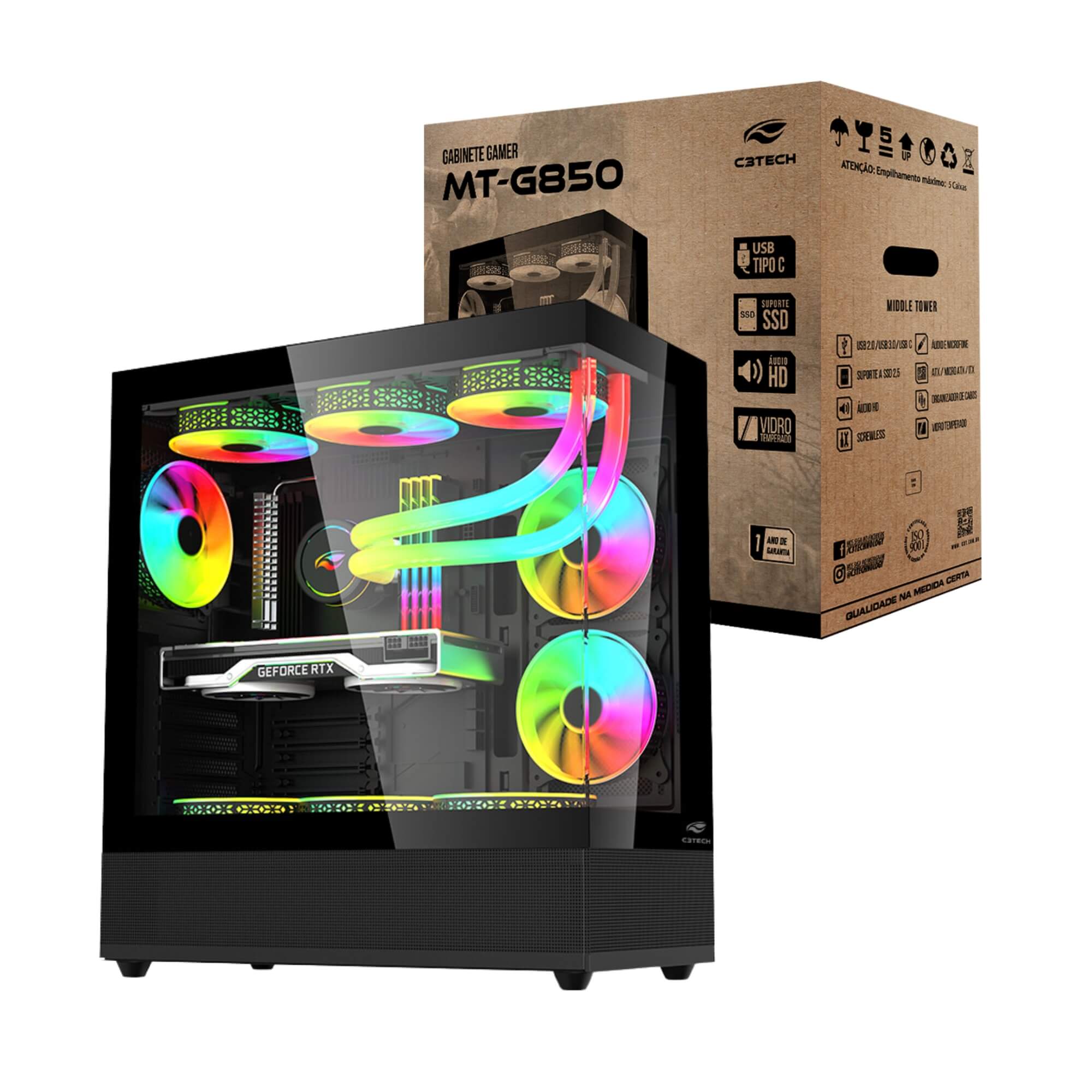 Gabinete Aquarius MT-G850BK Sem Fonte C3 Tech Gaming - 401030620100