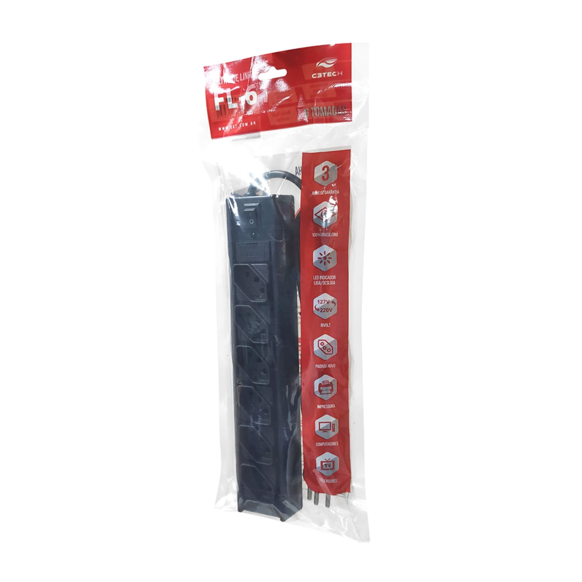 Extensão Filtro de Linha com 6 Tomadas FL-61BK C3 Tech - 315060080101