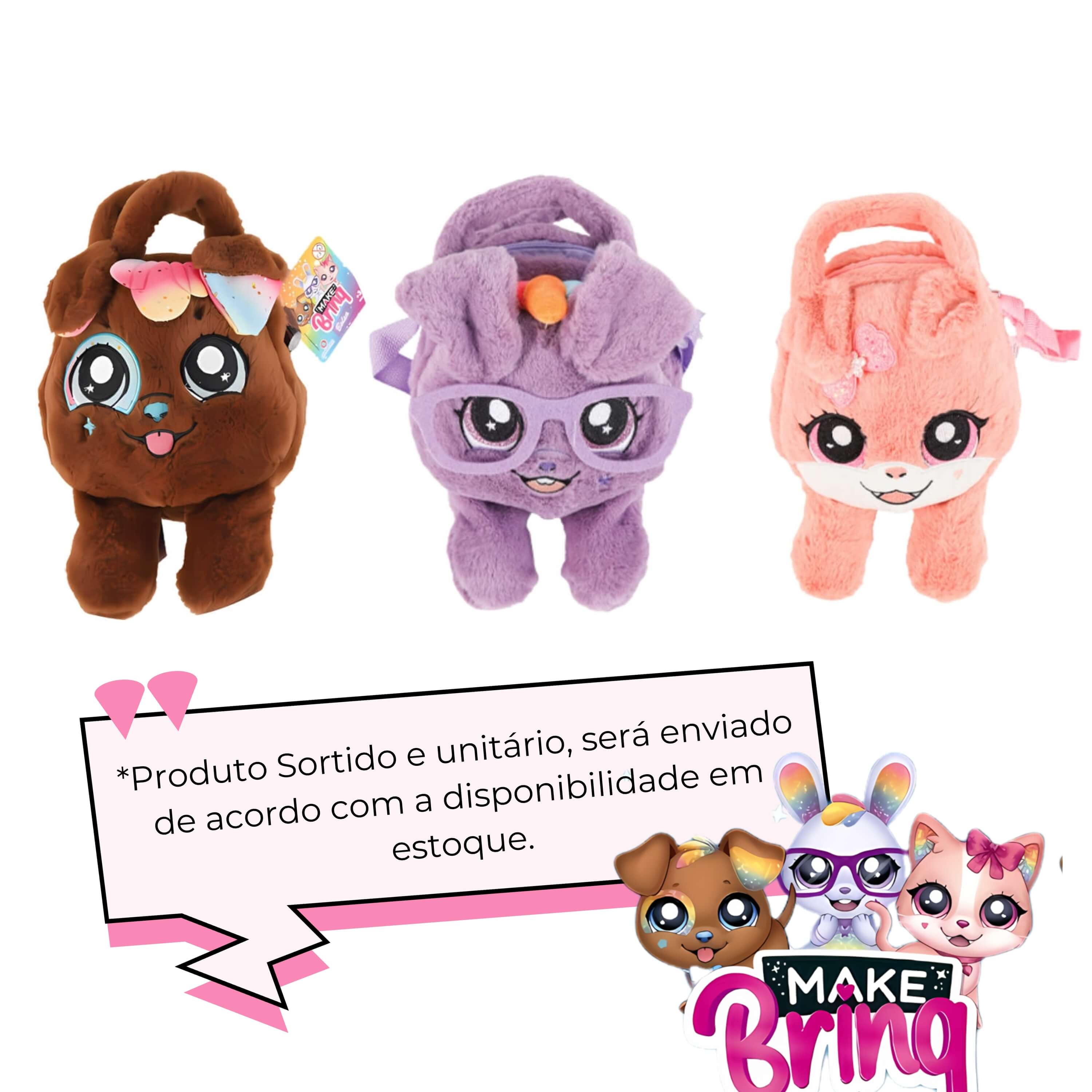 Bolsa de Pelúcia Infantil Pet Sortida Linha Make Brinq com Alça Transversal PoliBrinq - BO02