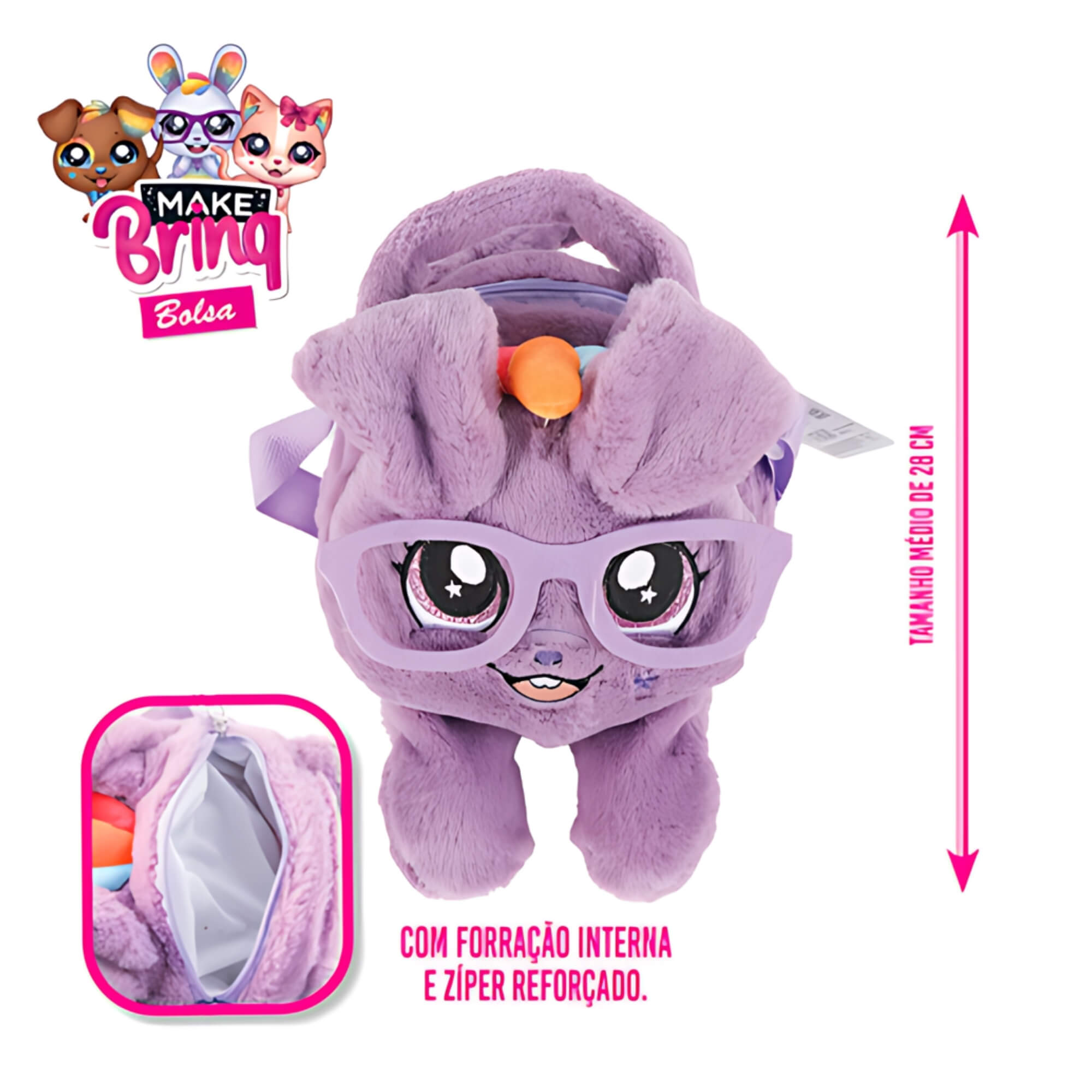 Bolsa de Pelúcia Infantil Pet Sortida Linha Make Brinq com Alça Transversal PoliBrinq - BO02