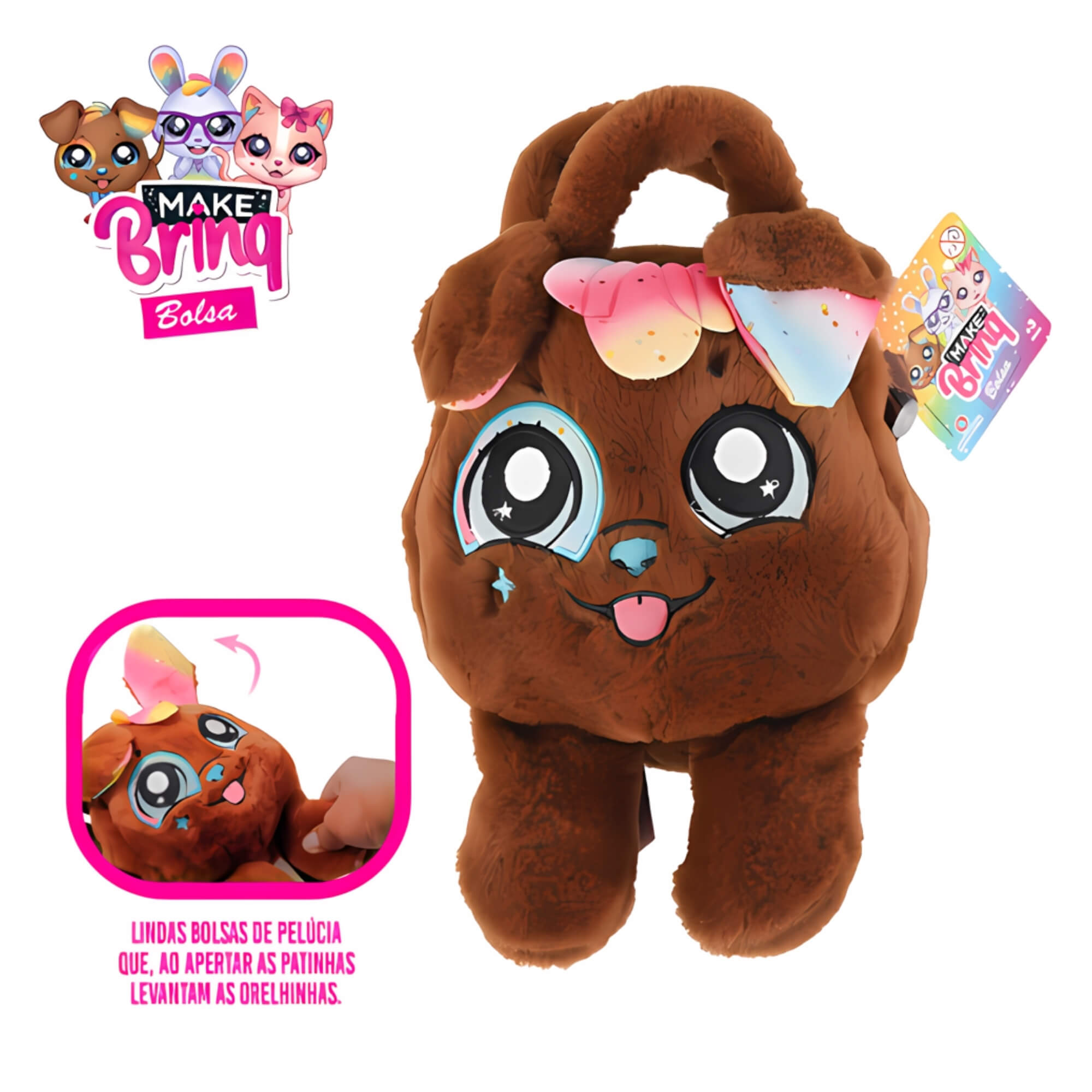 Bolsa de Pelúcia Infantil Pet Sortida Linha Make Brinq com Alça Transversal PoliBrinq - BO02