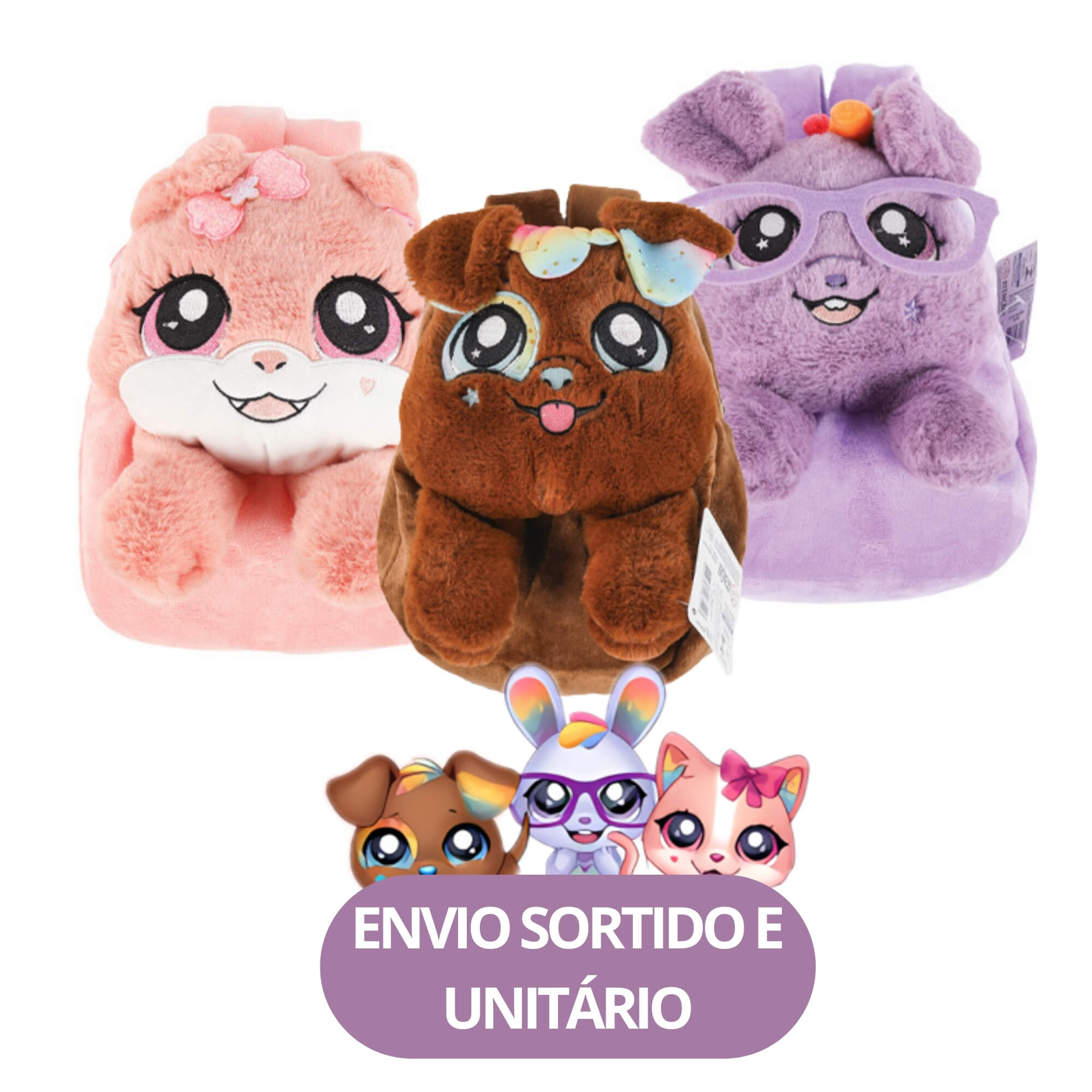 Mochila de Pelúcia Pet Infantil Unitário Sortido Make Brinq Polibrinq - BO01
