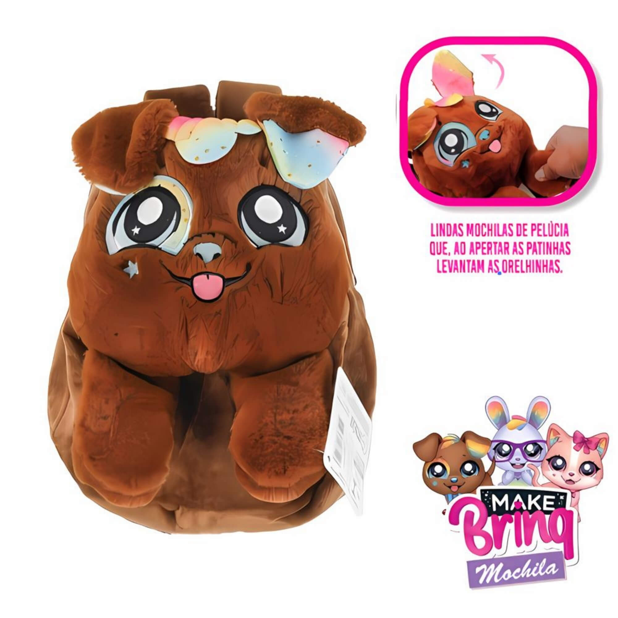 Mochila de Pelúcia Pet Infantil Unitário Sortido Make Brinq Polibrinq - BO01