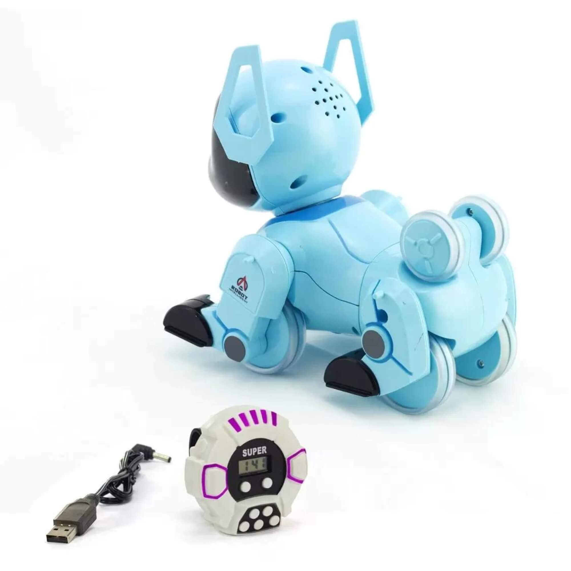 Brinquedo Cachorro Robô de Controle Remoto Azul Acrobacias Dog Robot Controll Polibrinq - MC916