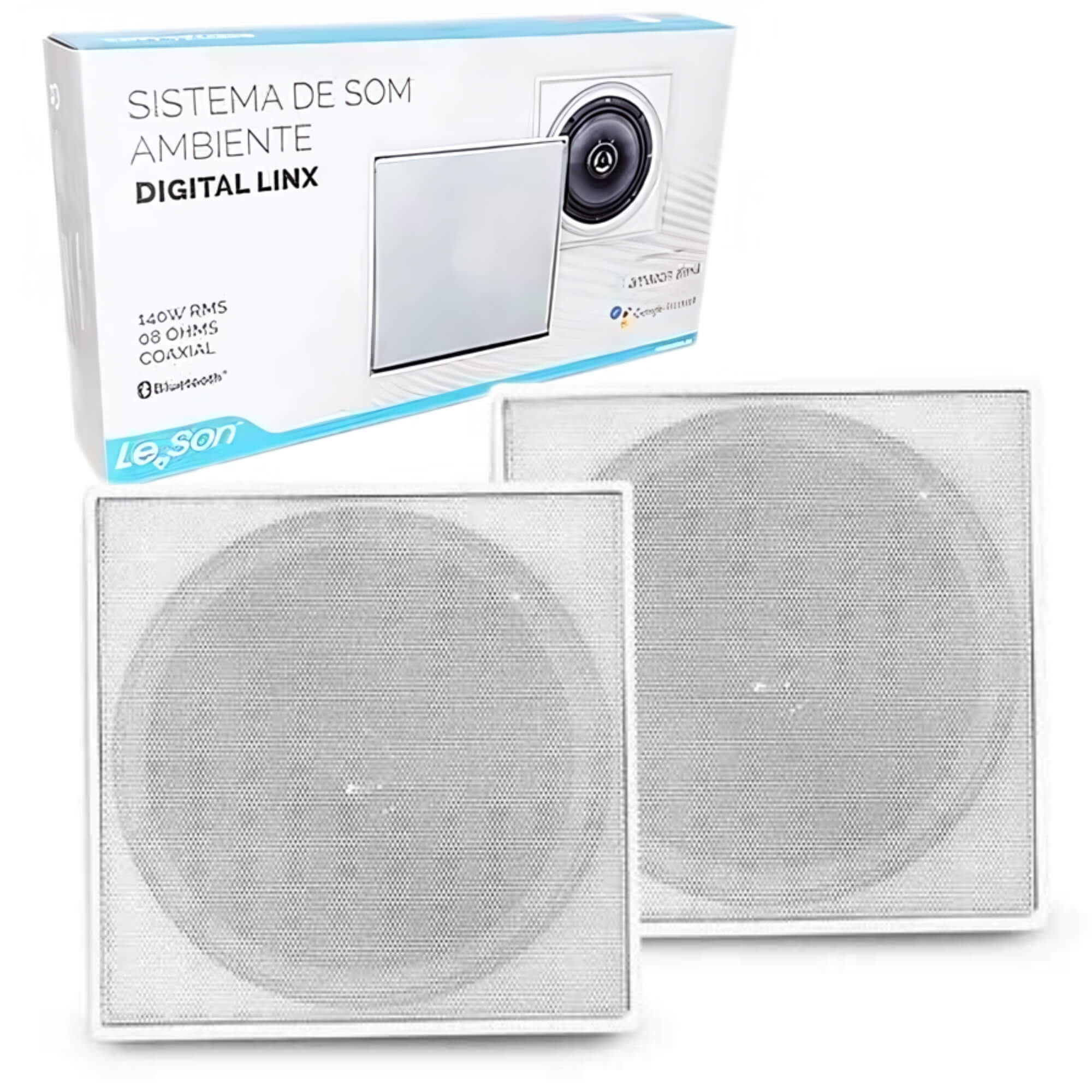Kit Arandela de Som Ambiente Quadrada Branca Ativa e Passiva 70W RMS Leson - 2LSQUADBR