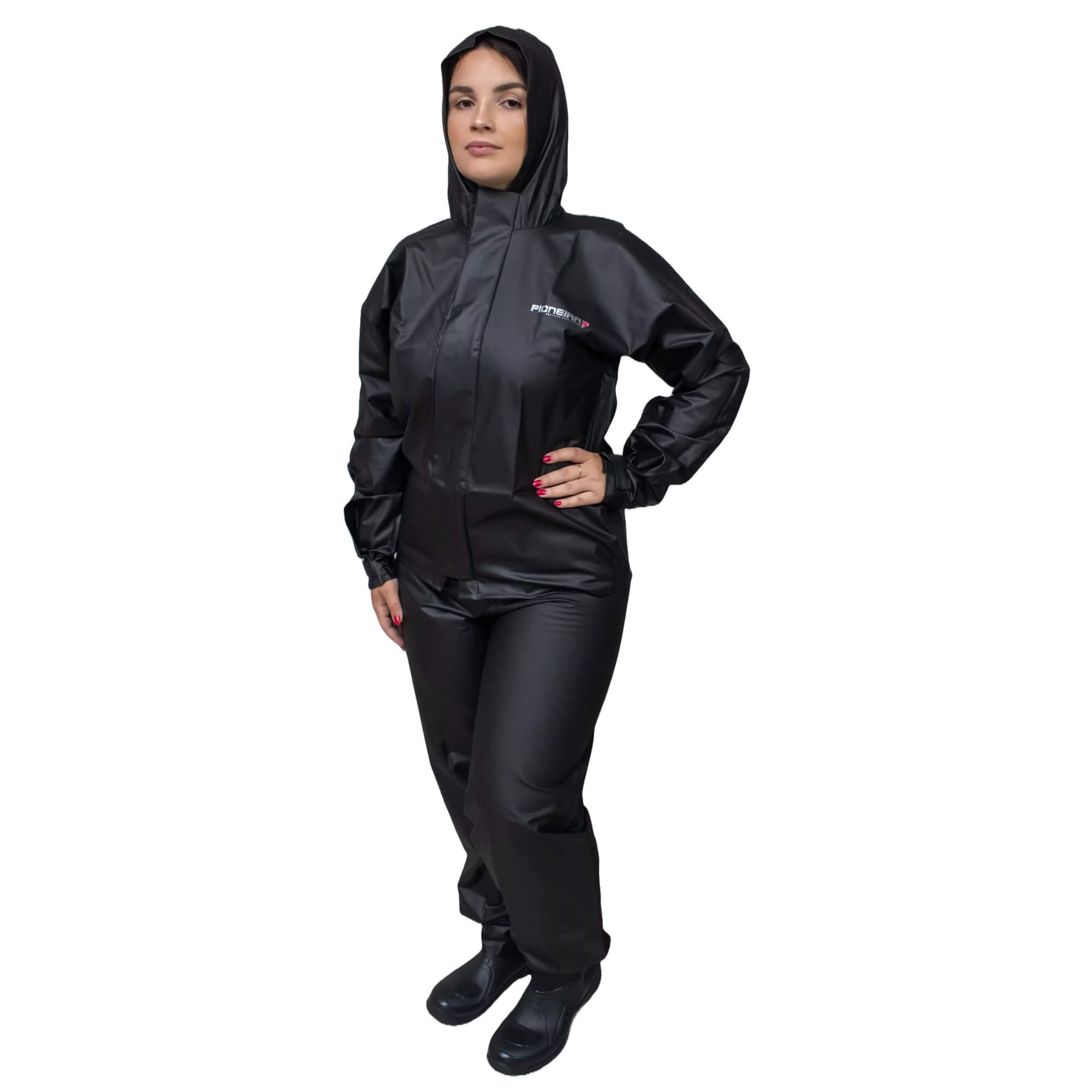 Conjunto Capa de Chuva PVC Combate Feminina EG C/ Capuz Preto Refletiva Pioneira - 2901-F-PRE-EG