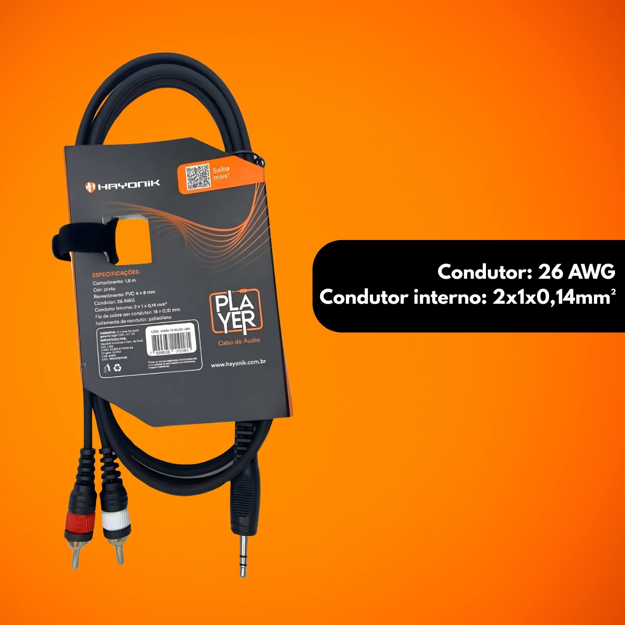 Cabo de Áudio Player 1 P2 x 2 RCA 1,8m Preto Hayonik - 0000081896