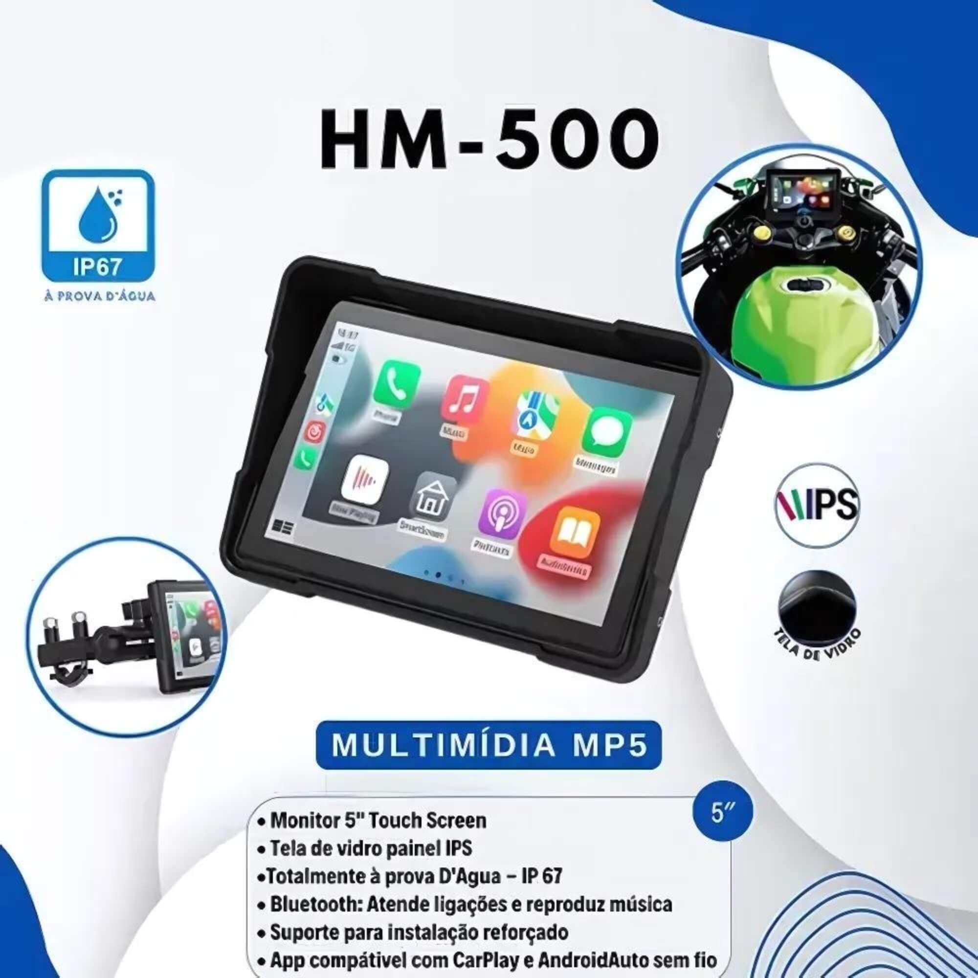 Multimidia para Moto Carplay Android Auto Sem Fio Bluetooth Monitor 5" Touch Screen H-Tech-HM-500