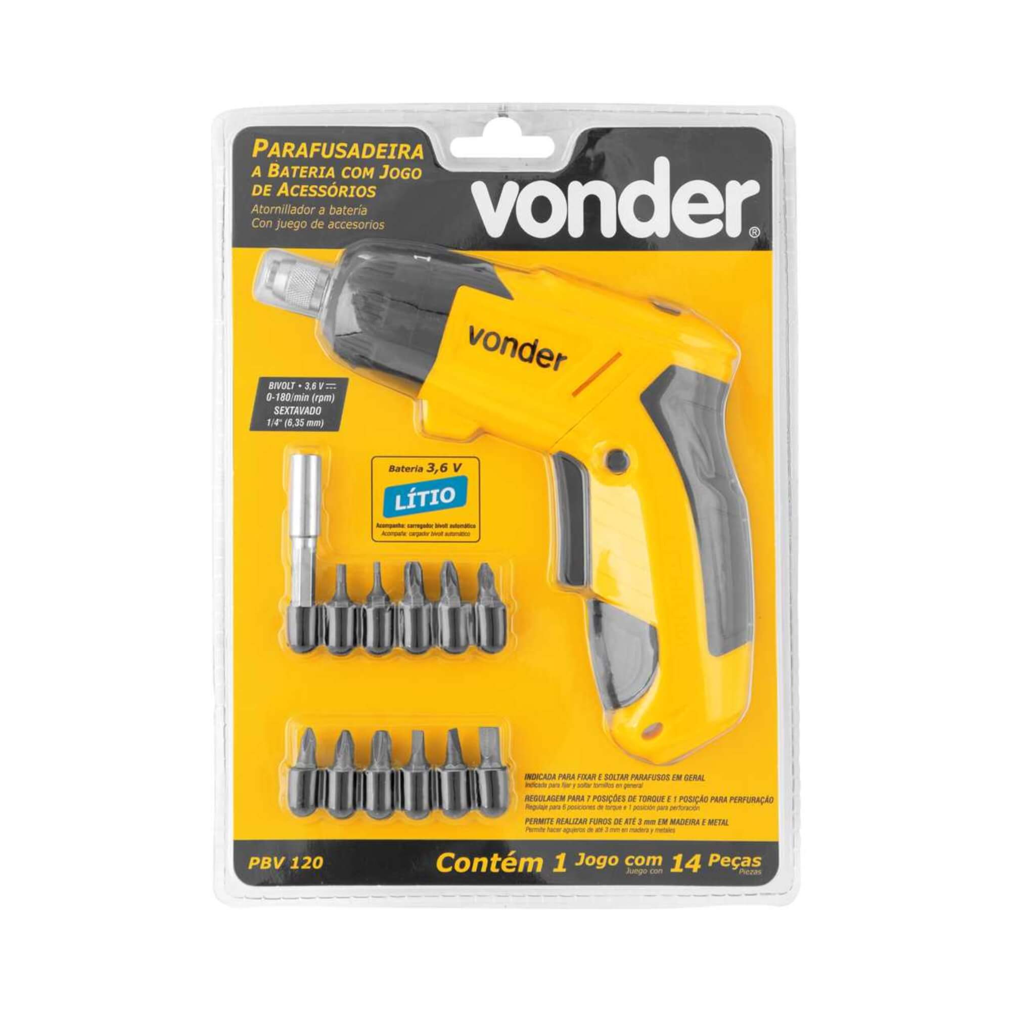 Parafusadeira a Bateria 3,6V Carregador Bivolt Jogo com 12 Acessórios PBV 120 Vonder - 6001120360