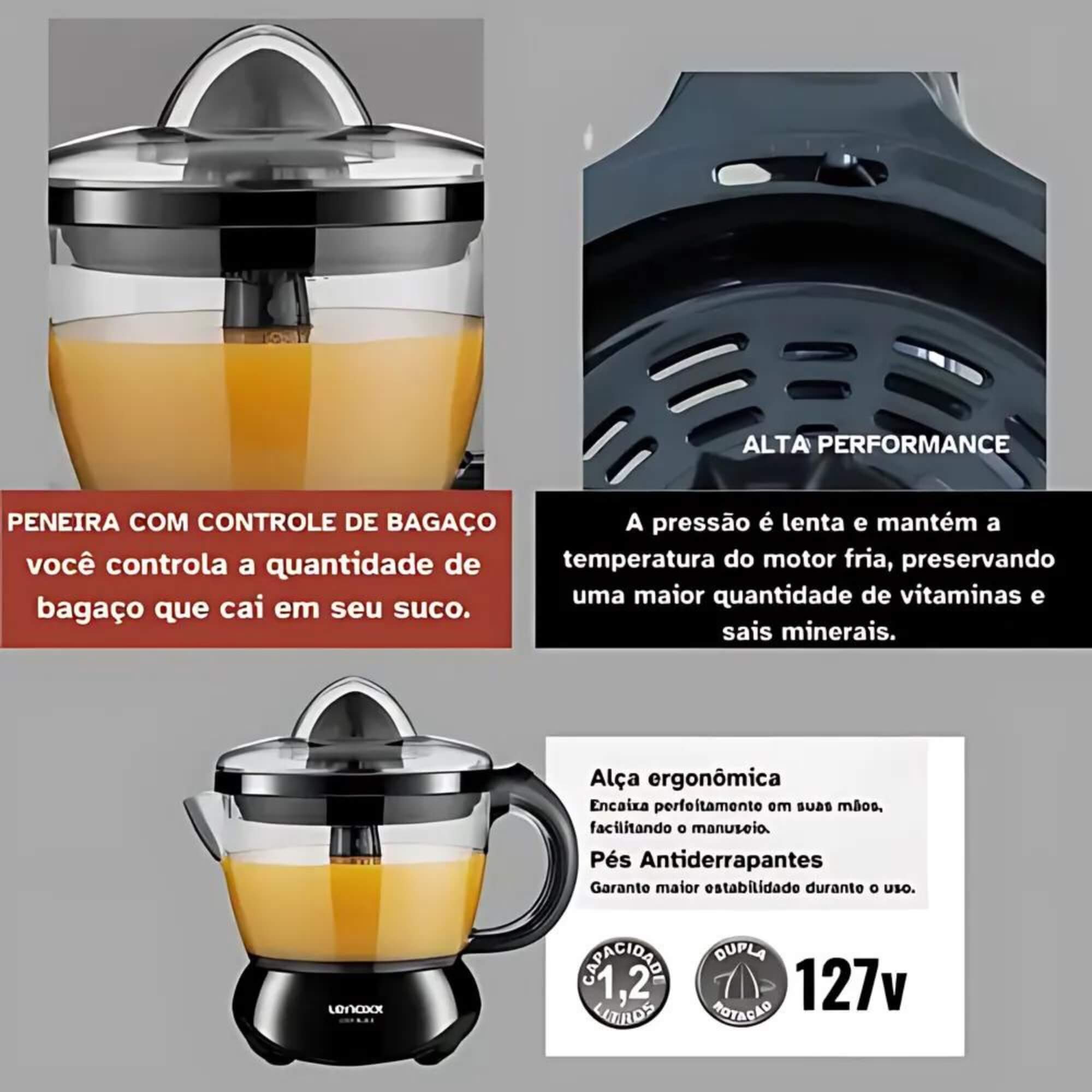 Espremedor de Frutas Easy Black 25W de Potência Capacidade de 1,2 Litros 127V Lenoxx - PEF505_127v