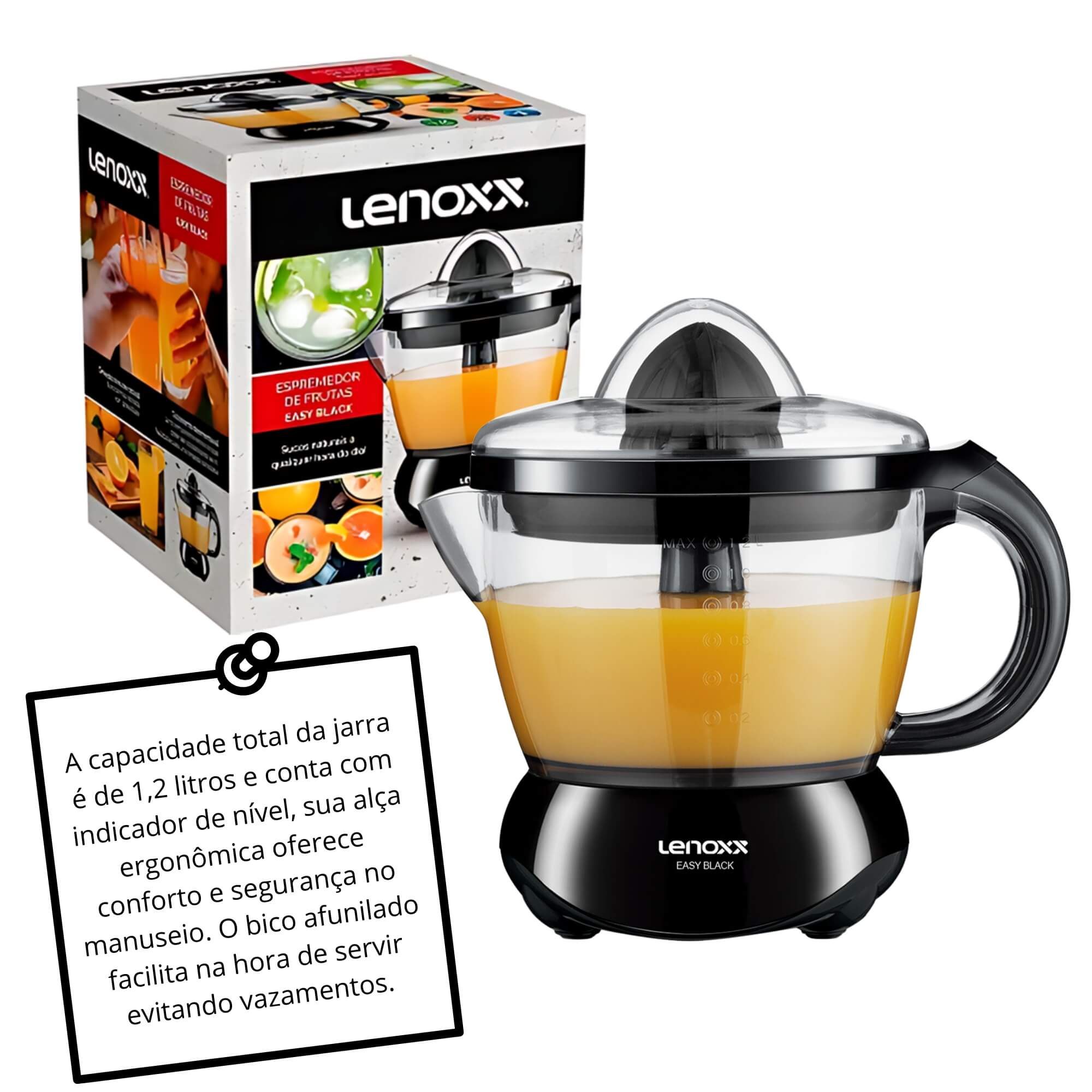 Espremedor de Frutas Easy Black 25W de Potência Capacidade de 1,2 Litros 127V Lenoxx - PEF505_127v