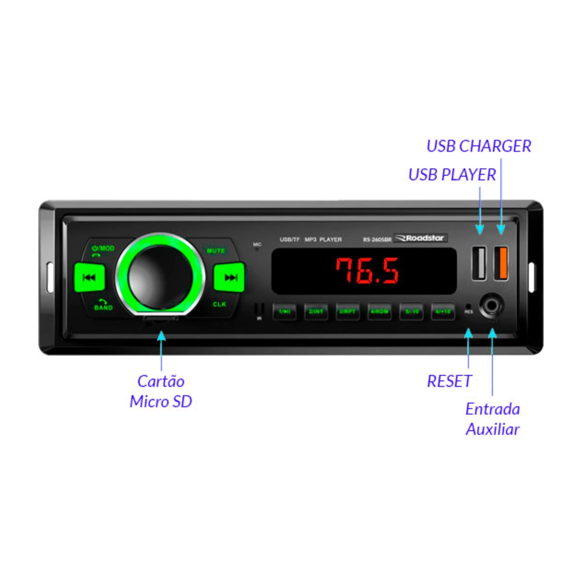 Rádio Automotivo Bluetooth Mp3 Player USB SD Roadstar - RS2605BR ES