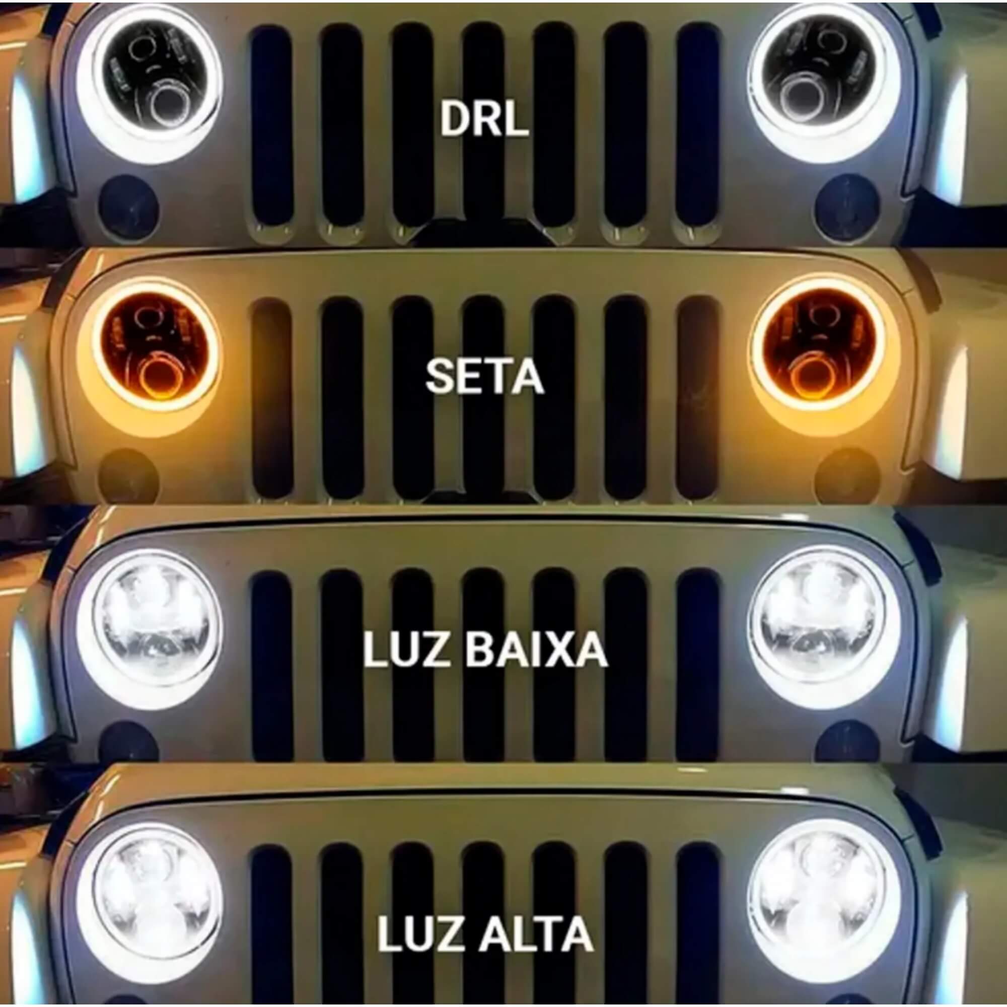 Farol Angel Eyes 40W LED 7 Polegadas DRL e Seta M7 JR8 - JH0FAROL7P