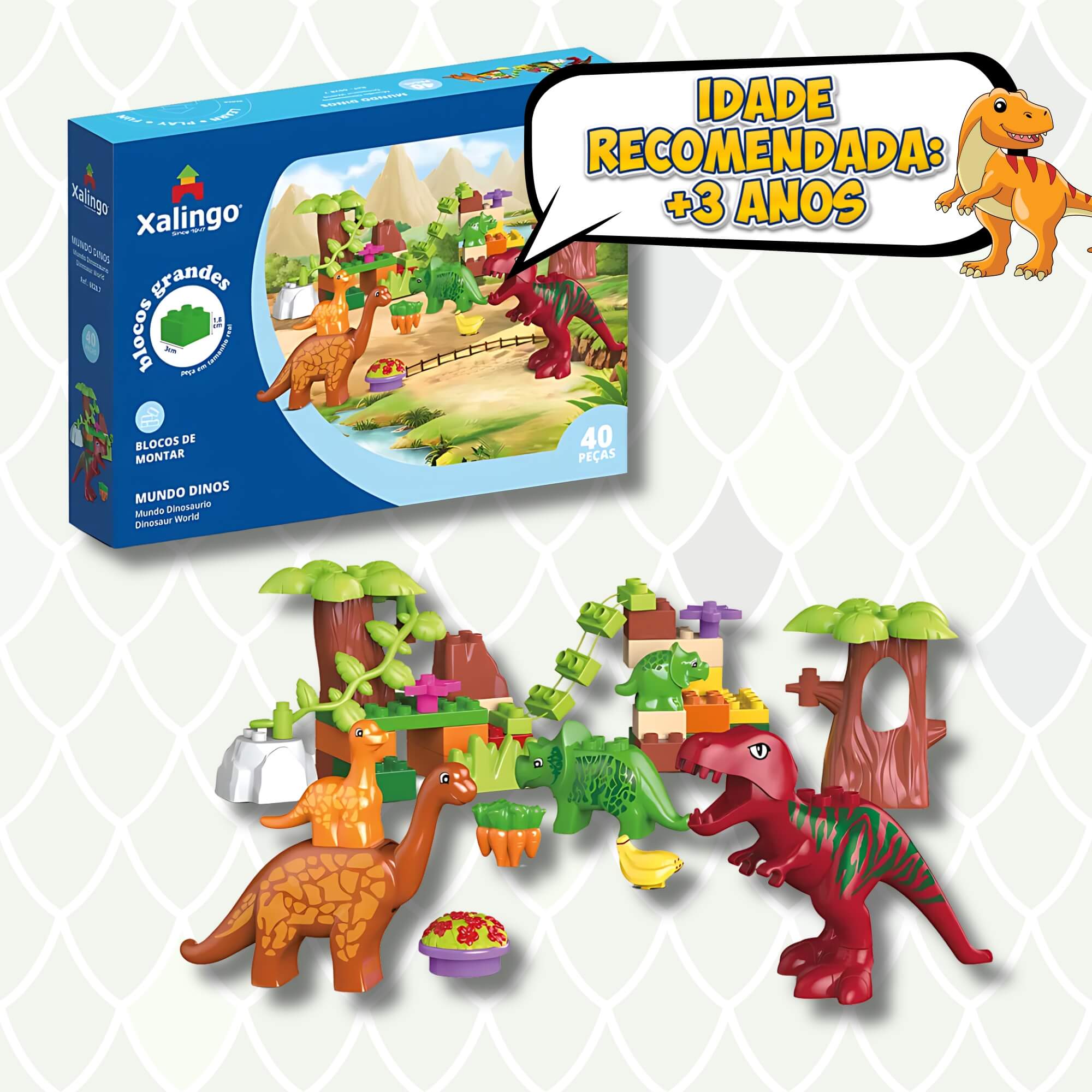 Brinquedo Infantil Bloco de Montar Grande Mundo Dinos 40 Peças Xalingo - 68287