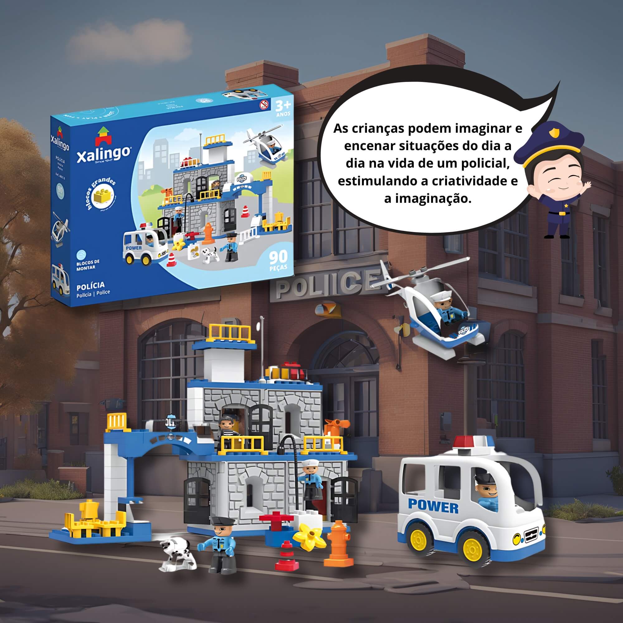 Brinquedo Infantil Bloco de Montar Grande Policia 90 Peças Xalingo - 68310