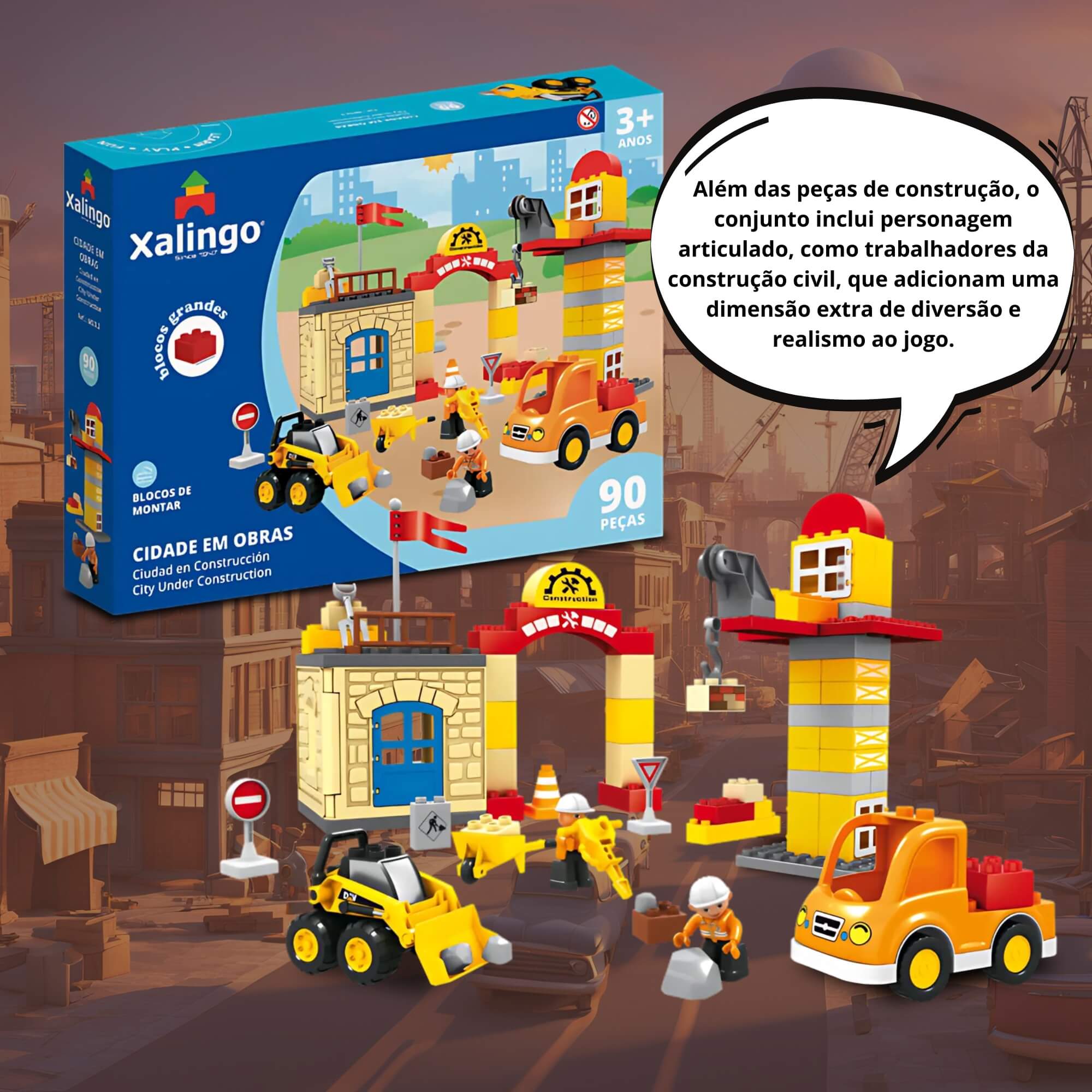 Brinquedo Infantil Bloco de Montar Grande Cidade em Obras 90 Peças Xalingo - 68332