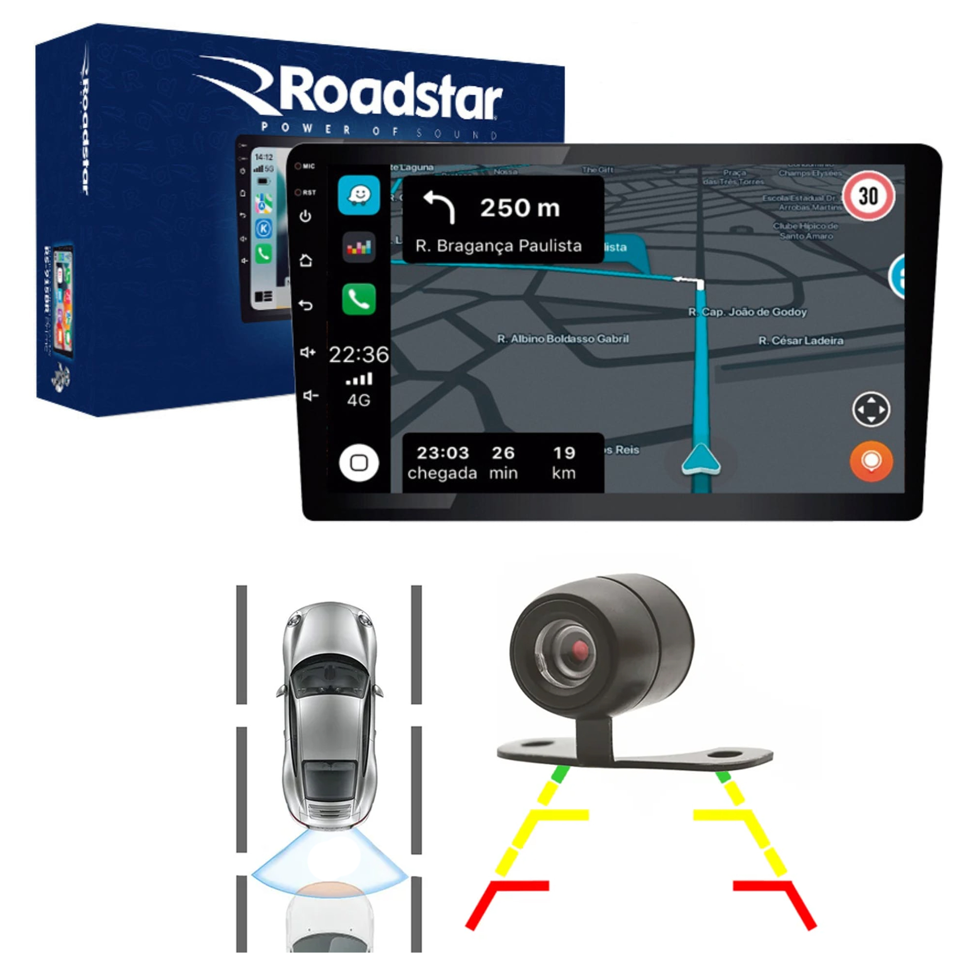 COMP Kit Central Multimídia 9" Roadstar + Câmera de ré HD Android Carplay RS-915BR
