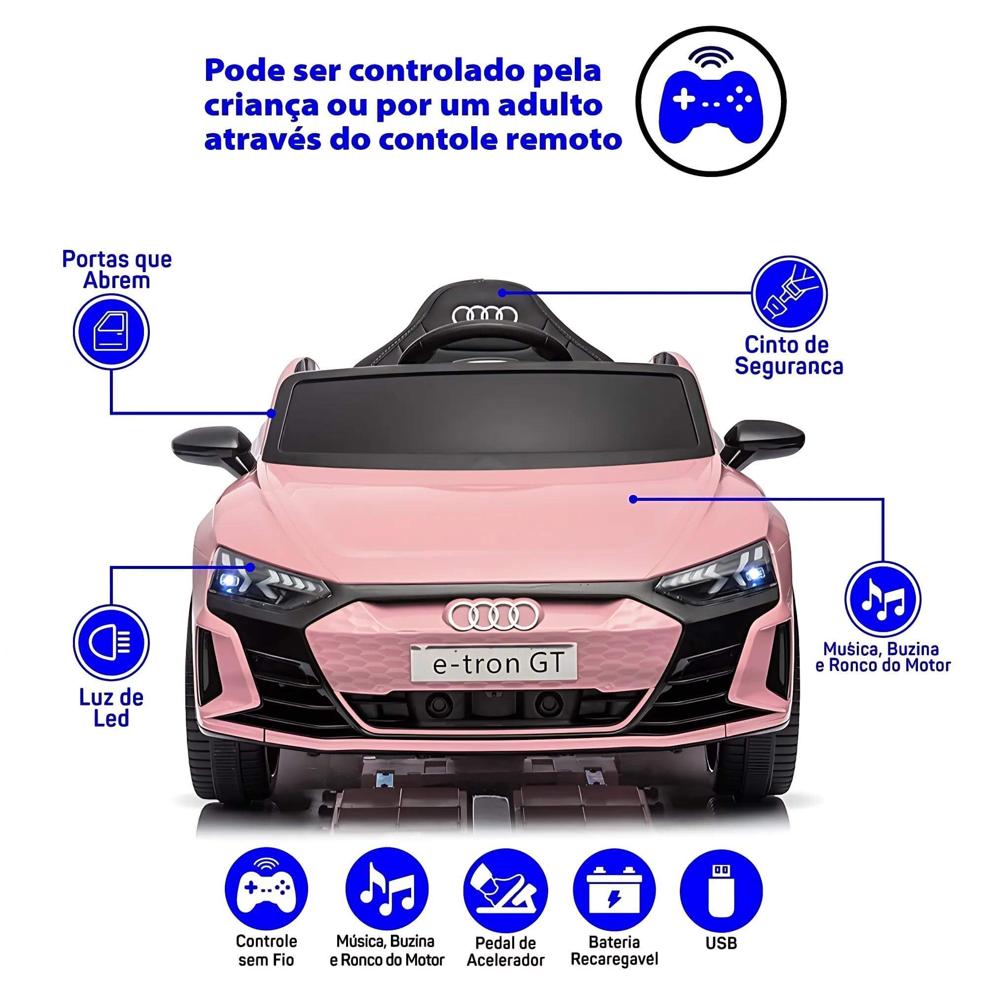 Carro Elétrico Infantil c/ Controle Remoto 12V Audi E-tron Sportback Rosa Zippy Toys - 10263