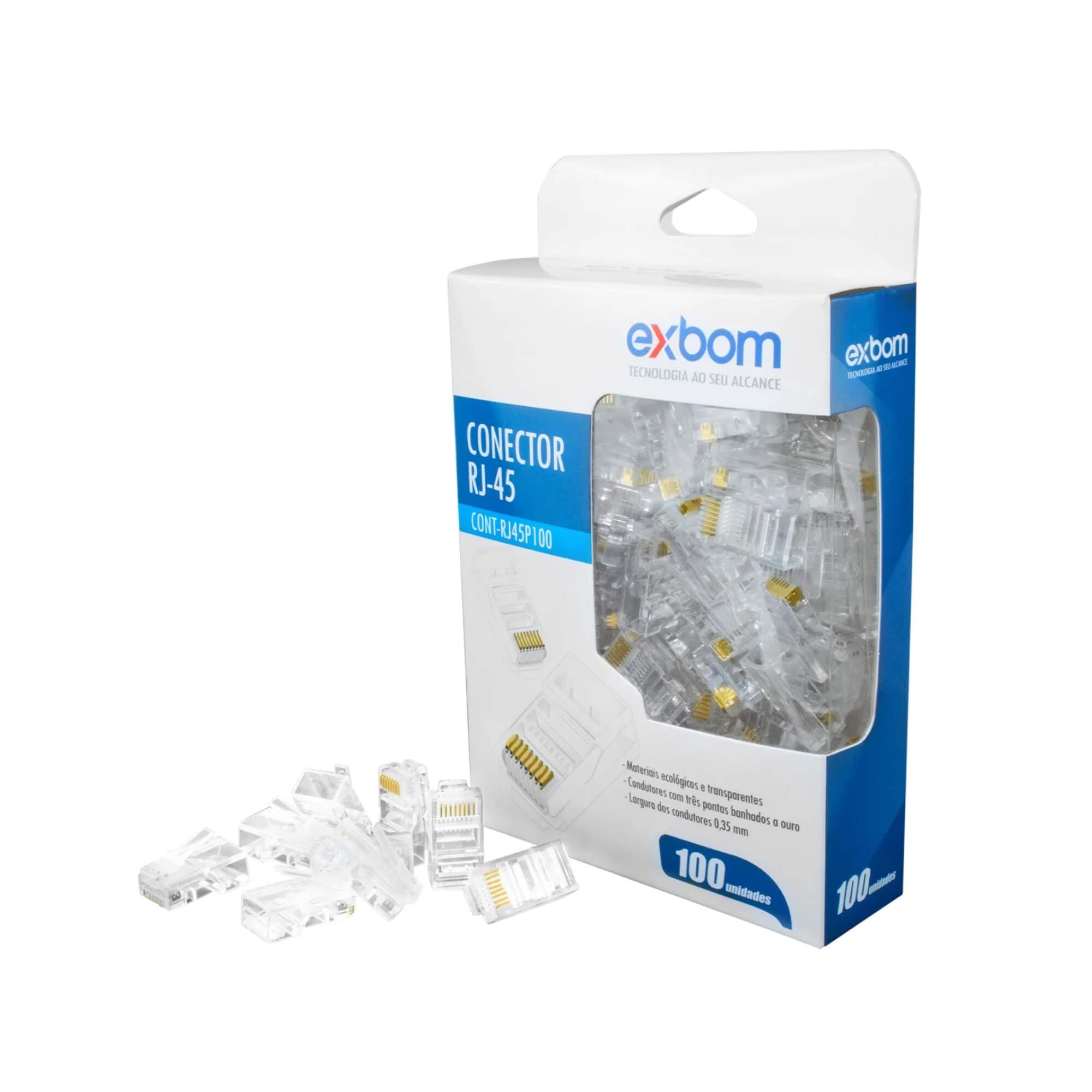 Conector de Rede RJ45 8X8 Macho Pacote com 100 unidades CONT-RJ45P100 Exbom - 1436