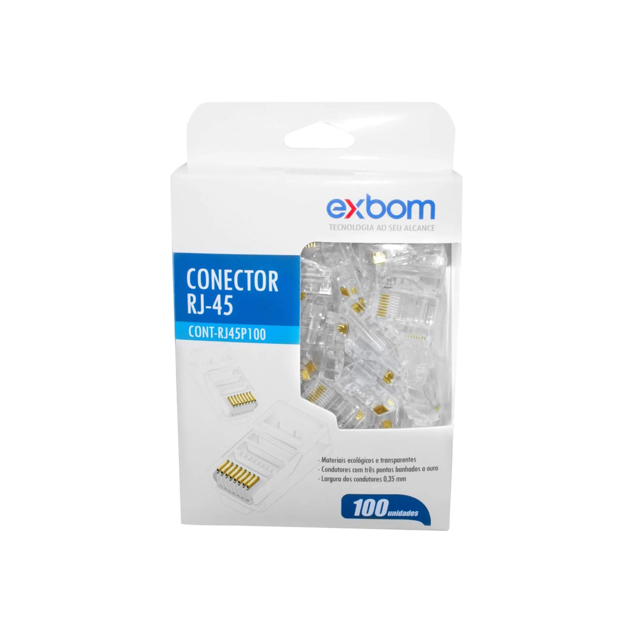 Conector de Rede RJ45 8X8 Macho Pacote com 100 unidades CONT-RJ45P100 Exbom - 1436