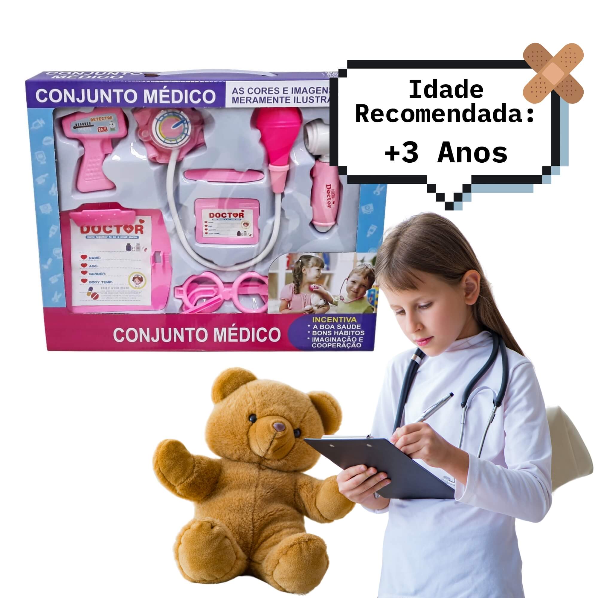Kit Médico Infantil Rosa Brinquedo Didático com Luzes Pequena Doutora Fênix - XMK-644R