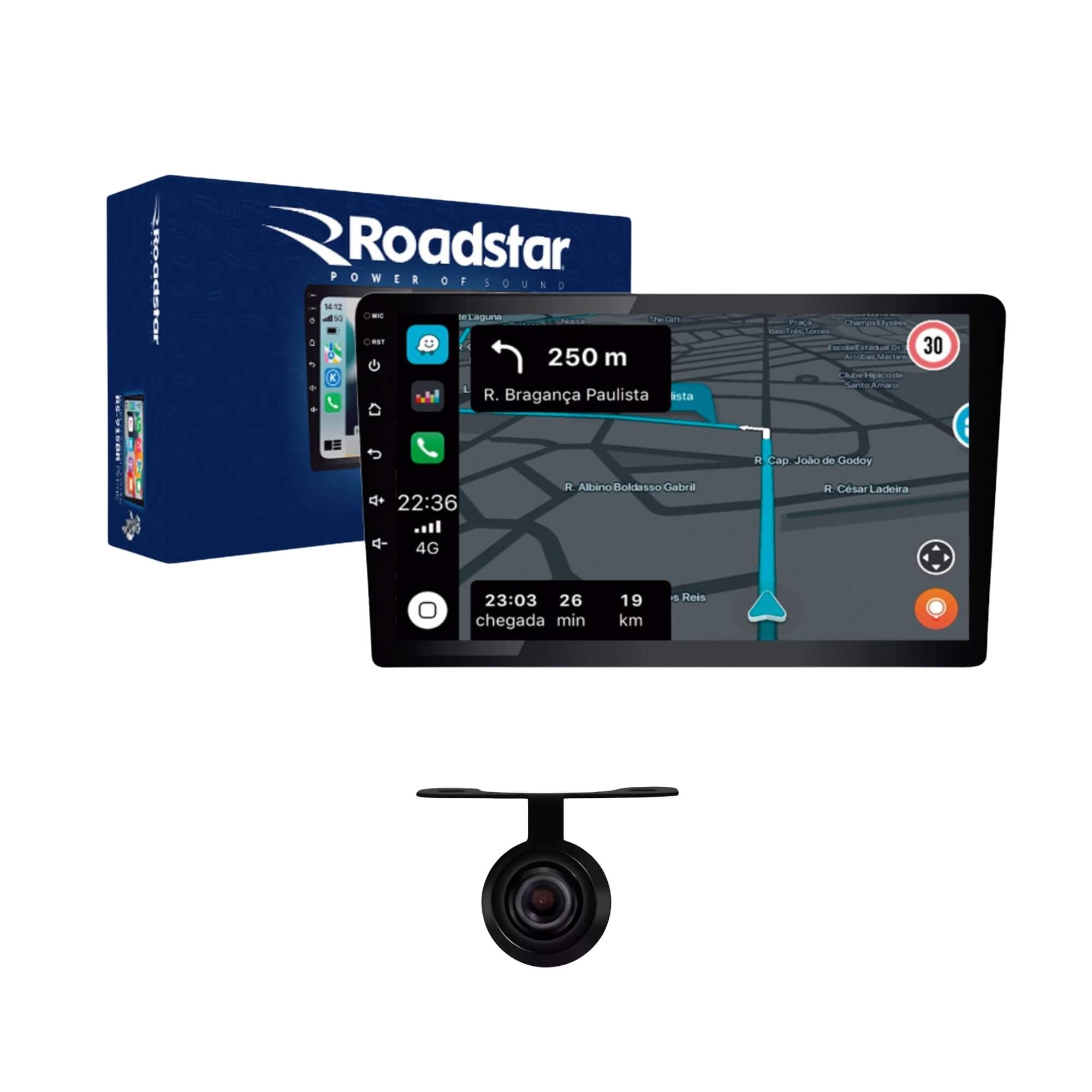 COMP Central Multimídia Roadstar RS-915BR Prime Android Carplay 9 Polegadas + Camera de Ré Borboleta 12V 420 Linhas CR-1