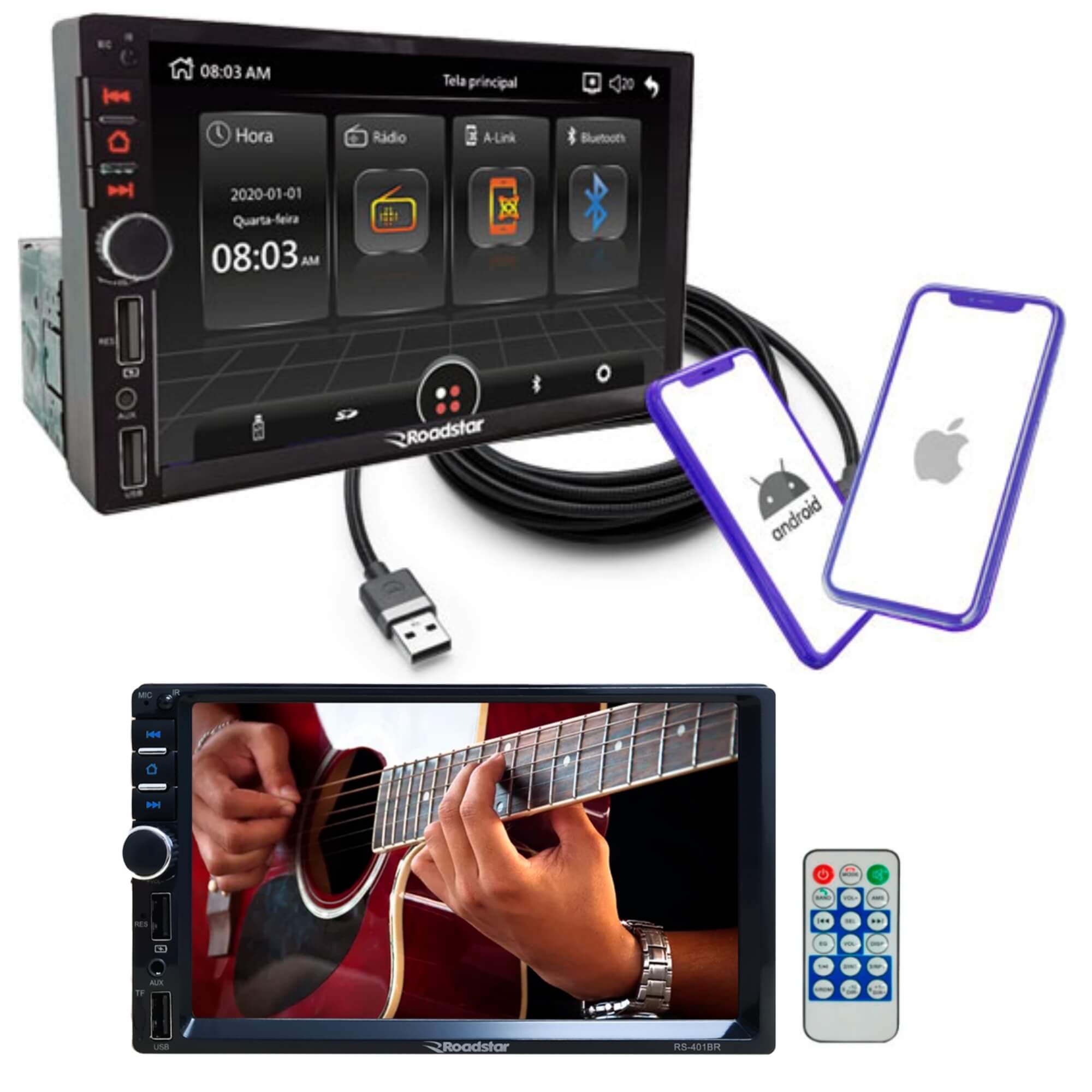 COMP Central Multimídia MP5 Roadstar 7 Polegadas Full Touch 1DIN Android IOS USB Bluetooth RS401BR MI + Camera de Ré