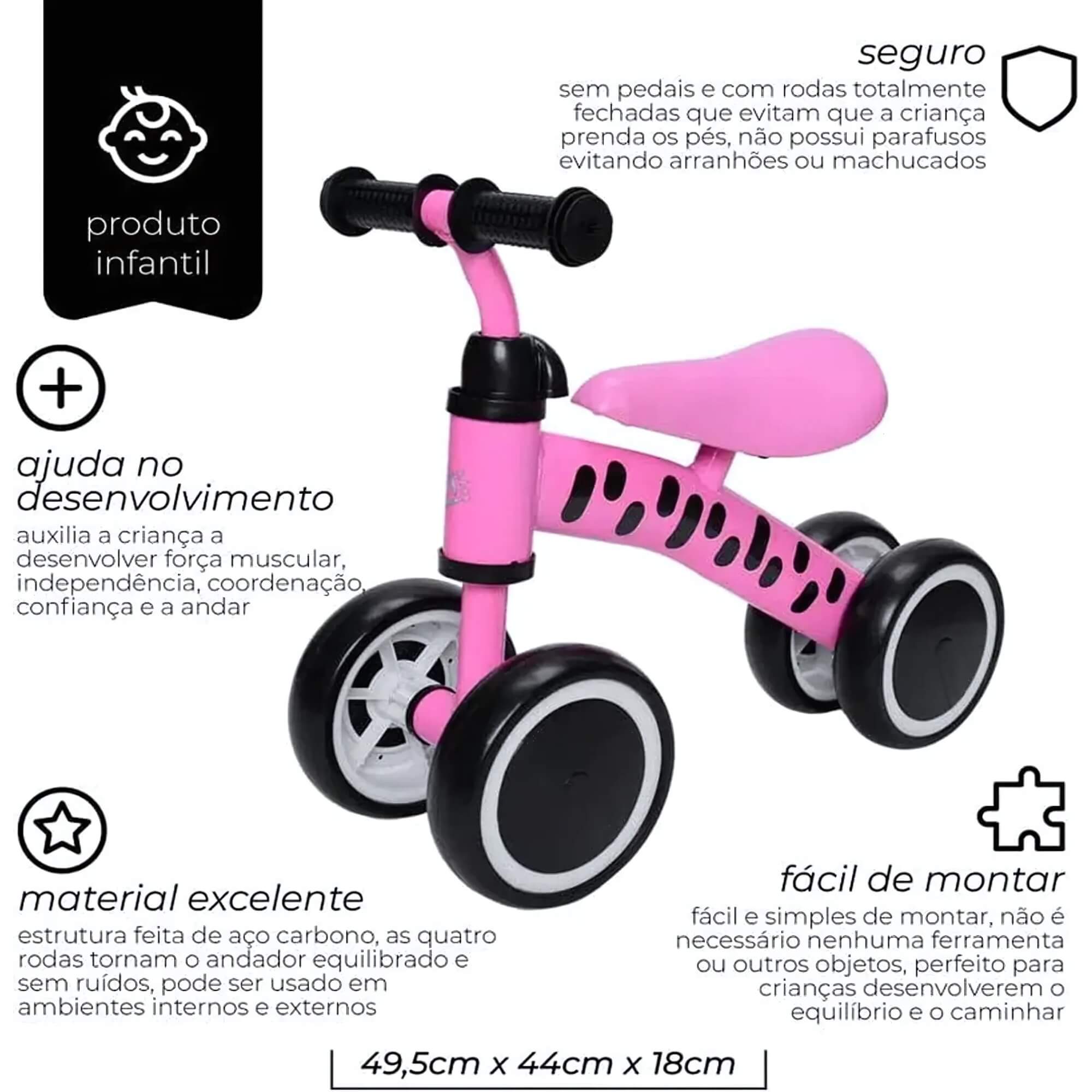 Triciclo Andador Infantil até 24kg Banco Ajustável Rosa Zippy Toys - 7625