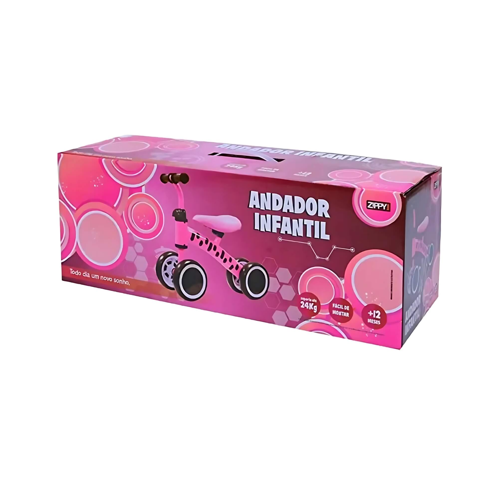 Triciclo Andador Infantil até 24kg Banco Ajustável Rosa Zippy Toys - 7625