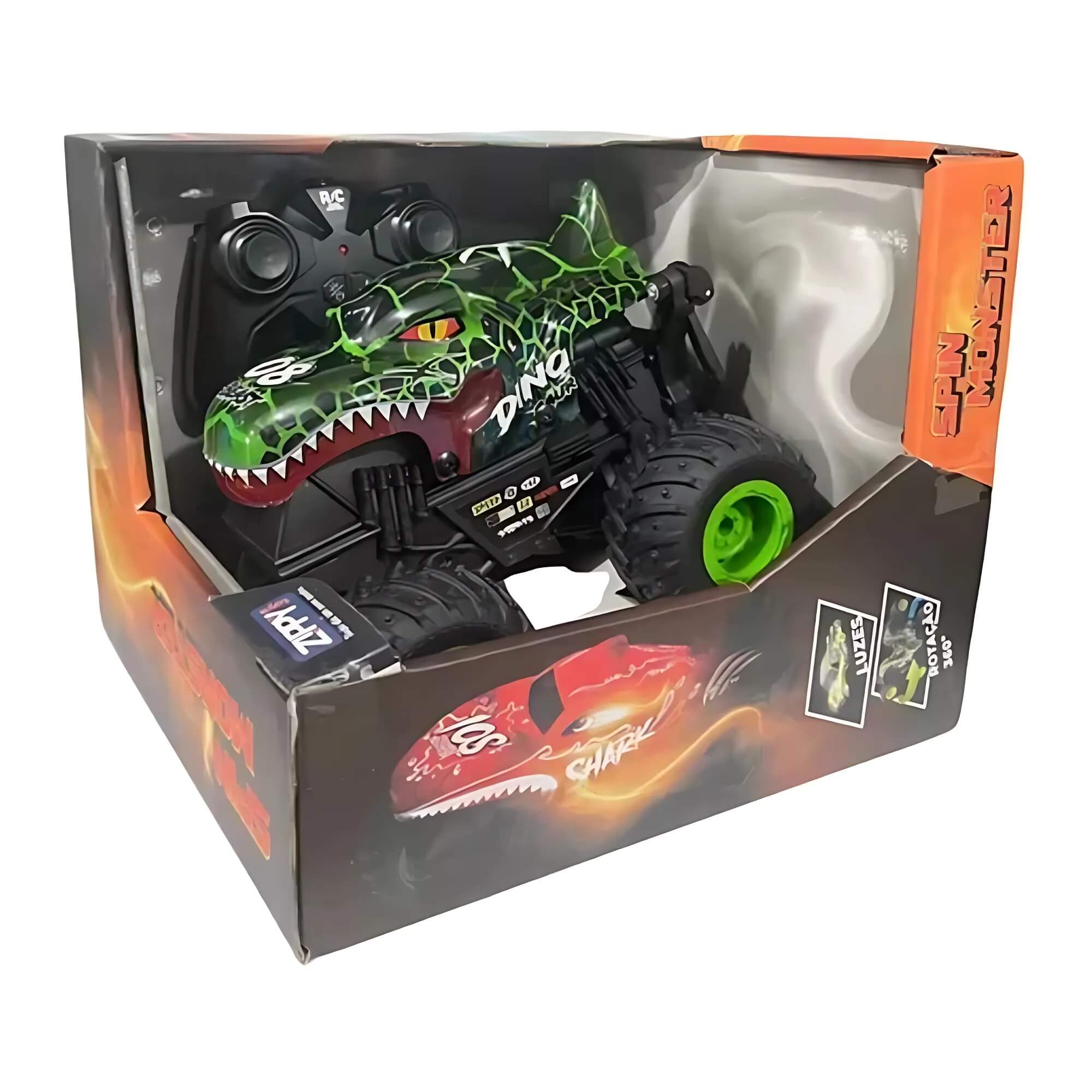 Brinquedo Infantil Carrinho LED 7 Spin Monster Verde com Controle Remoto Zippy Toys - 9154