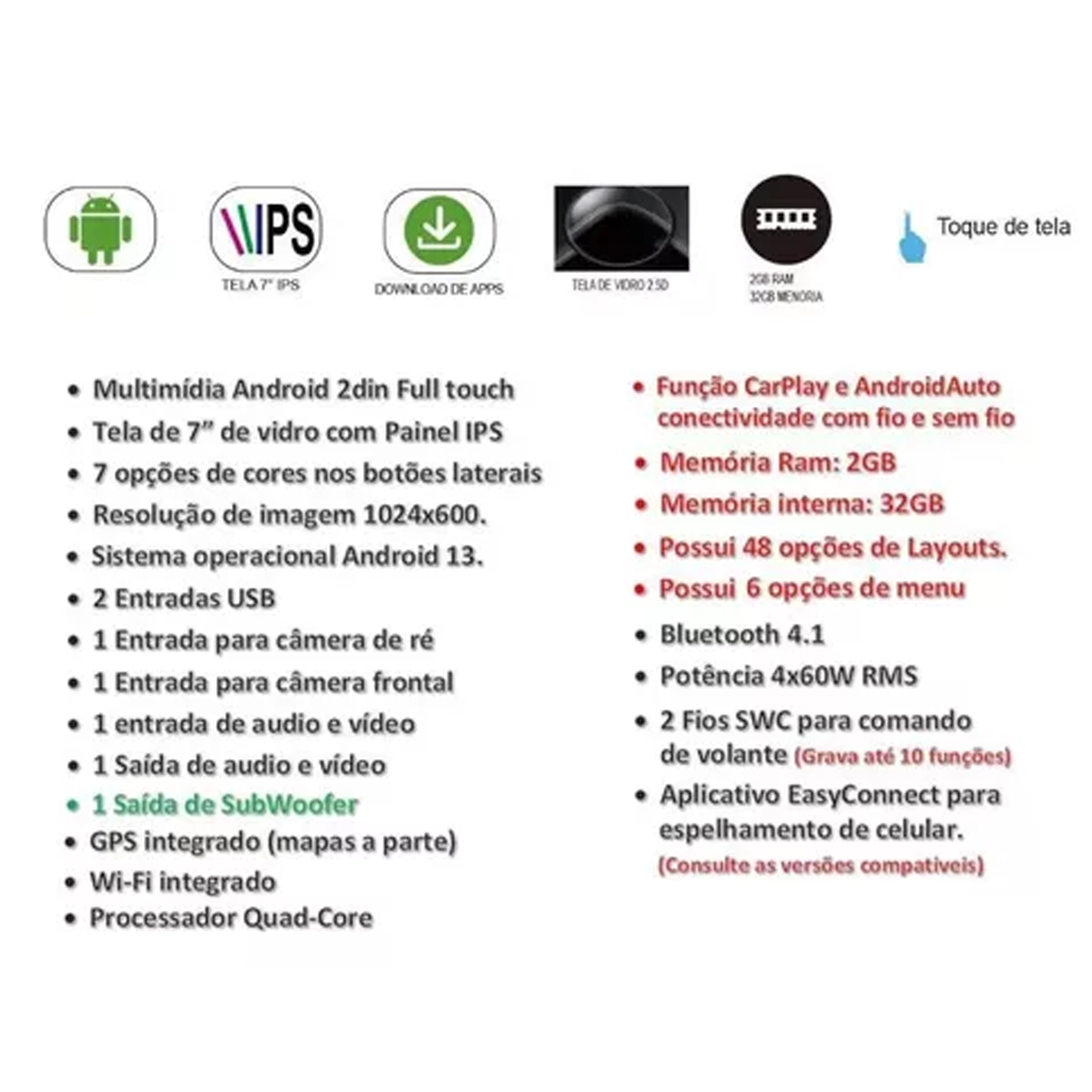 COMP Kit Multimidia Android Mobi 7" 2+32GB Carplay e Android Auto H-Tech - HT-7210CA