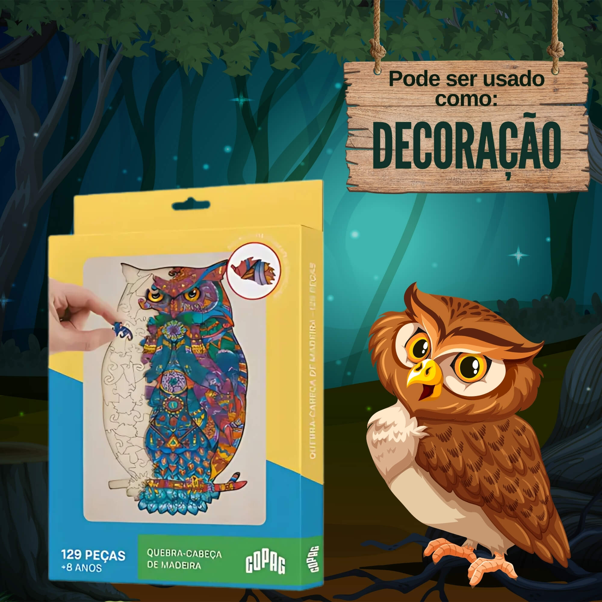 Jogo Quebra-Cabeça de Madeira Estampa Coruja com 129 Peças Copag - 33363