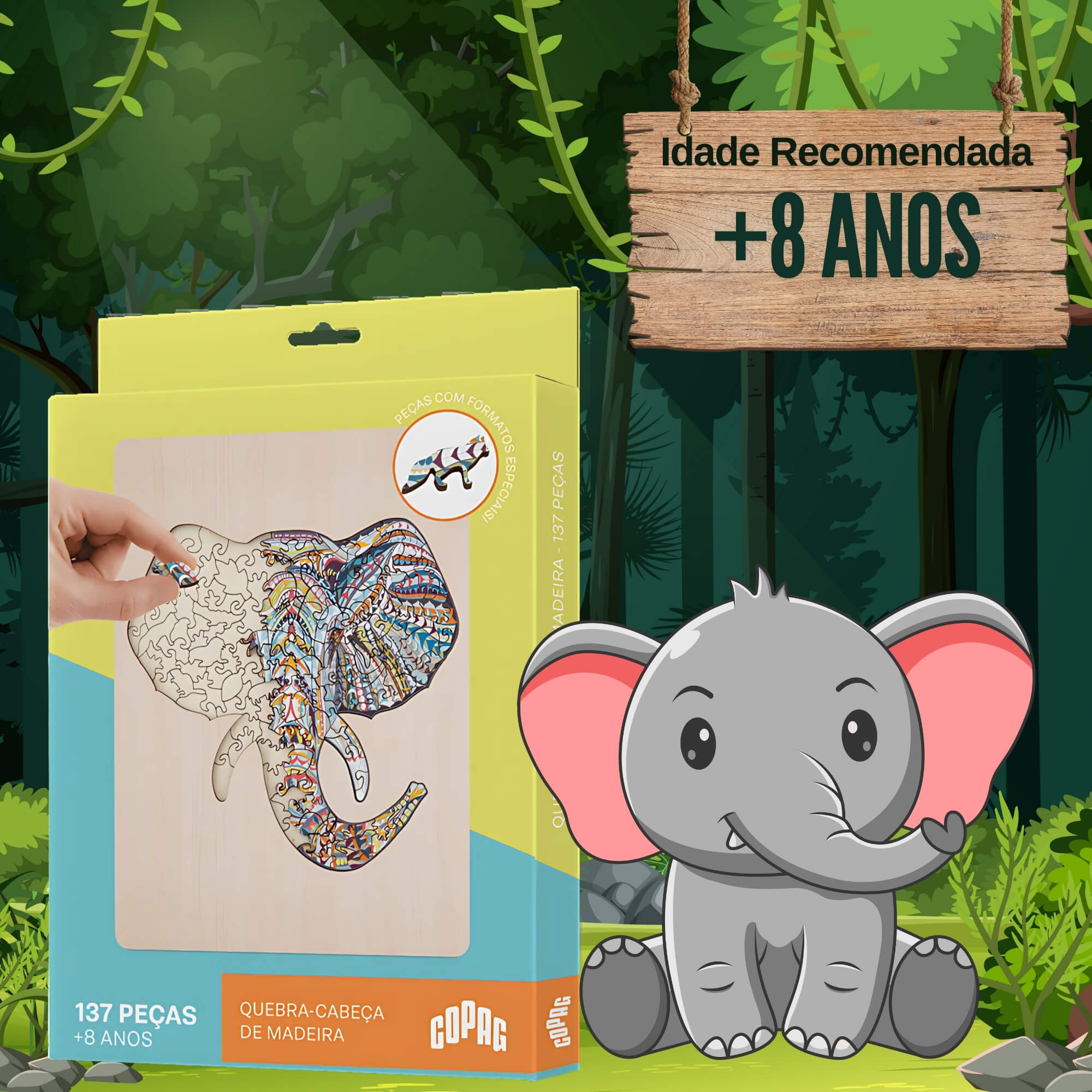 Jogo Quebra-Cabeça de Madeira Estampa Elefante com 137 Peças Copag - 33372