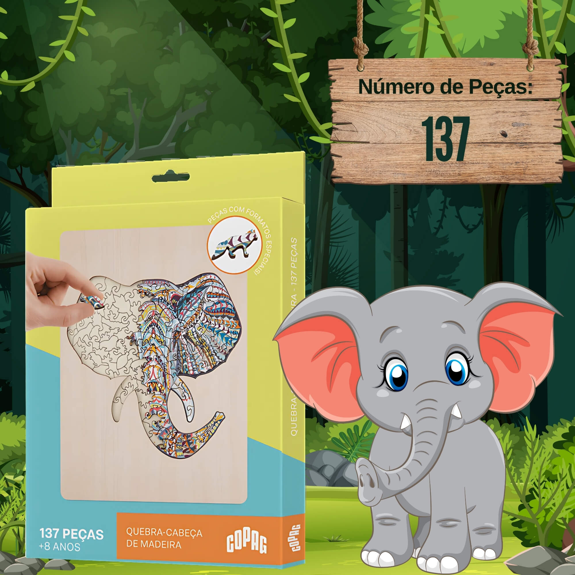 Jogo Quebra-Cabeça de Madeira Estampa Elefante com 137 Peças Copag - 33372
