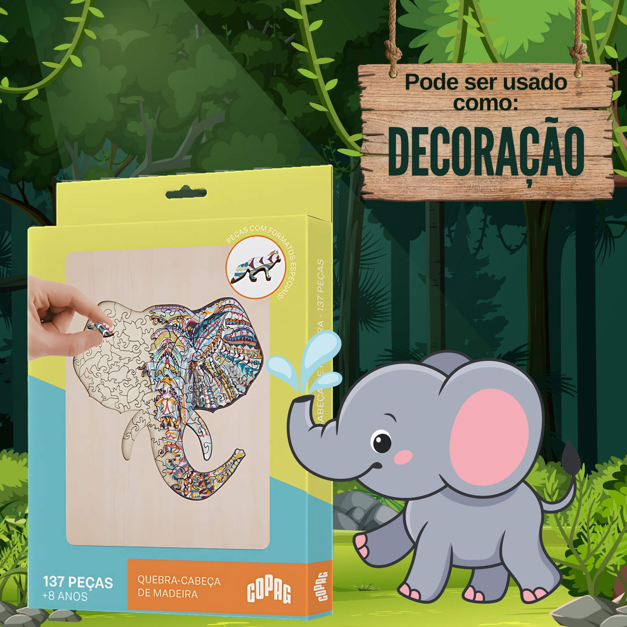Jogo Quebra-Cabeça de Madeira Estampa Elefante com 137 Peças Copag - 33372