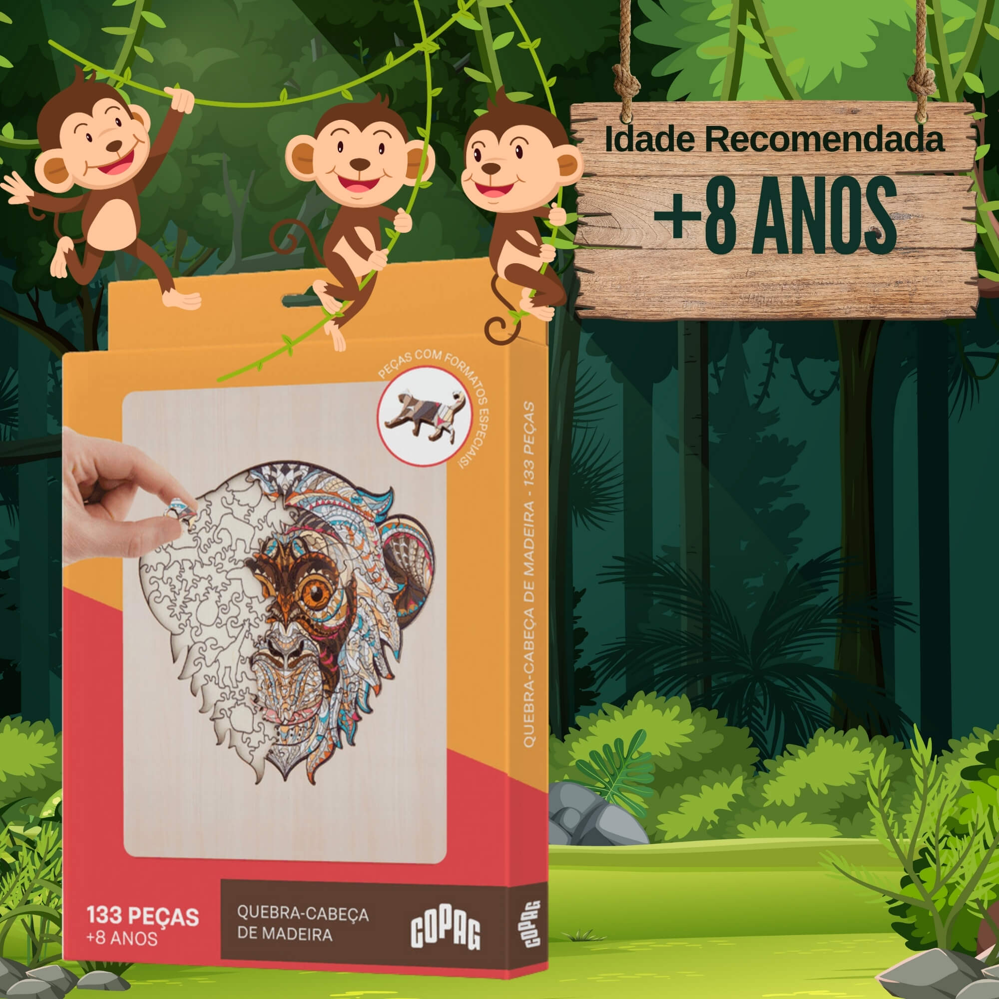 Jogo Quebra-Cabeça de Madeira Estampa Macaco com 133 Peças Copag - 33370