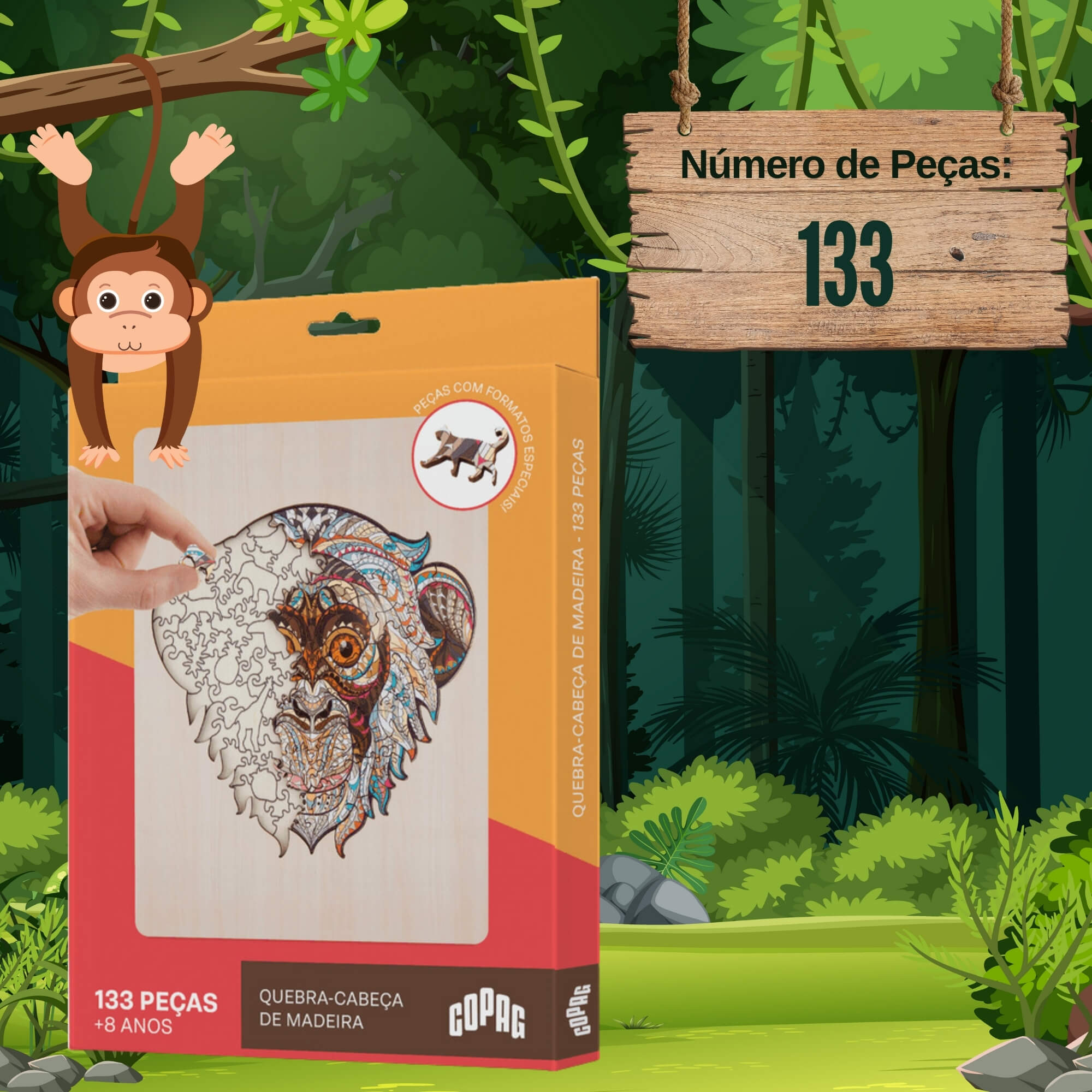Jogo Quebra-Cabeça de Madeira Estampa Macaco com 133 Peças Copag - 33370