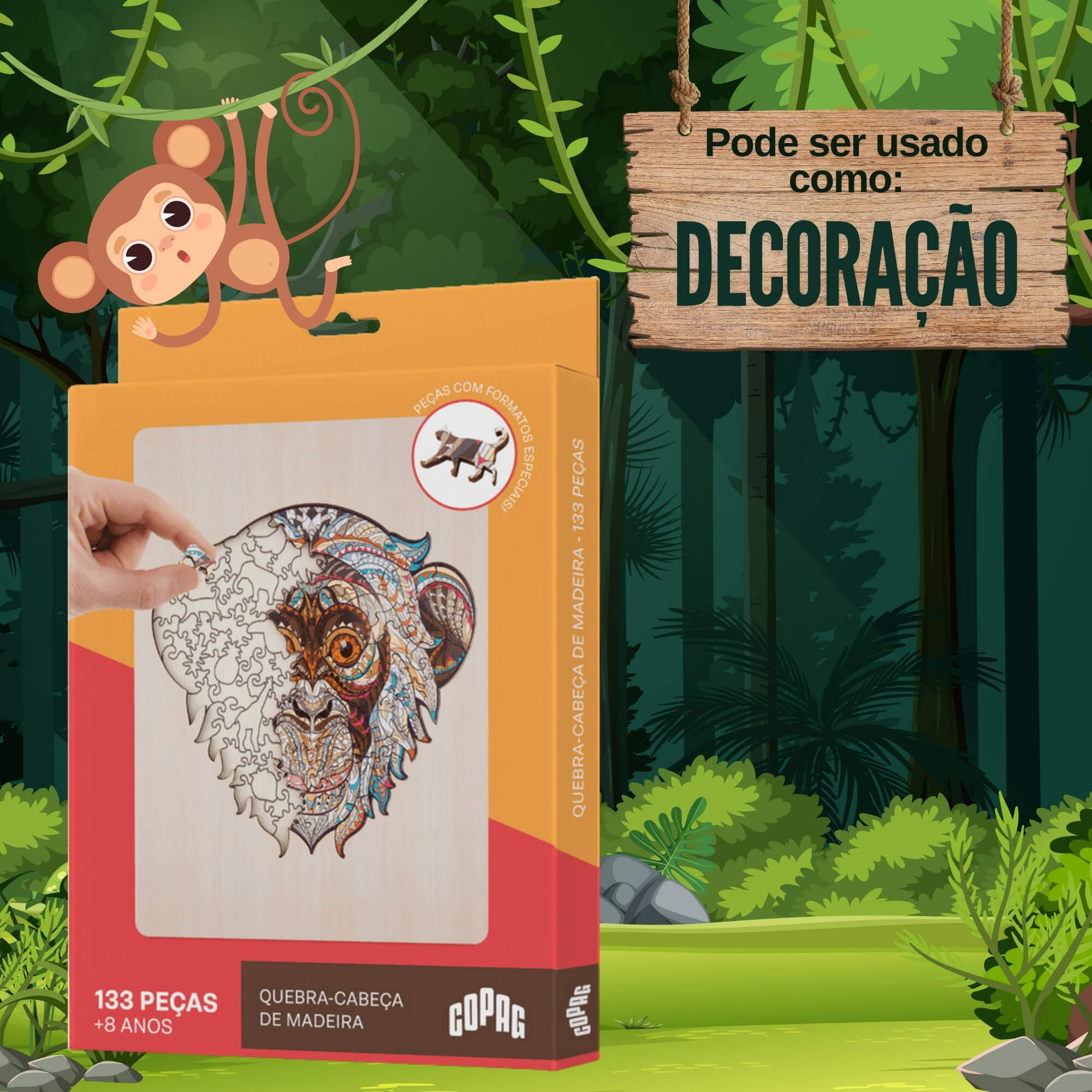 Jogo Quebra-Cabeça de Madeira Estampa Macaco com 133 Peças Copag - 33370