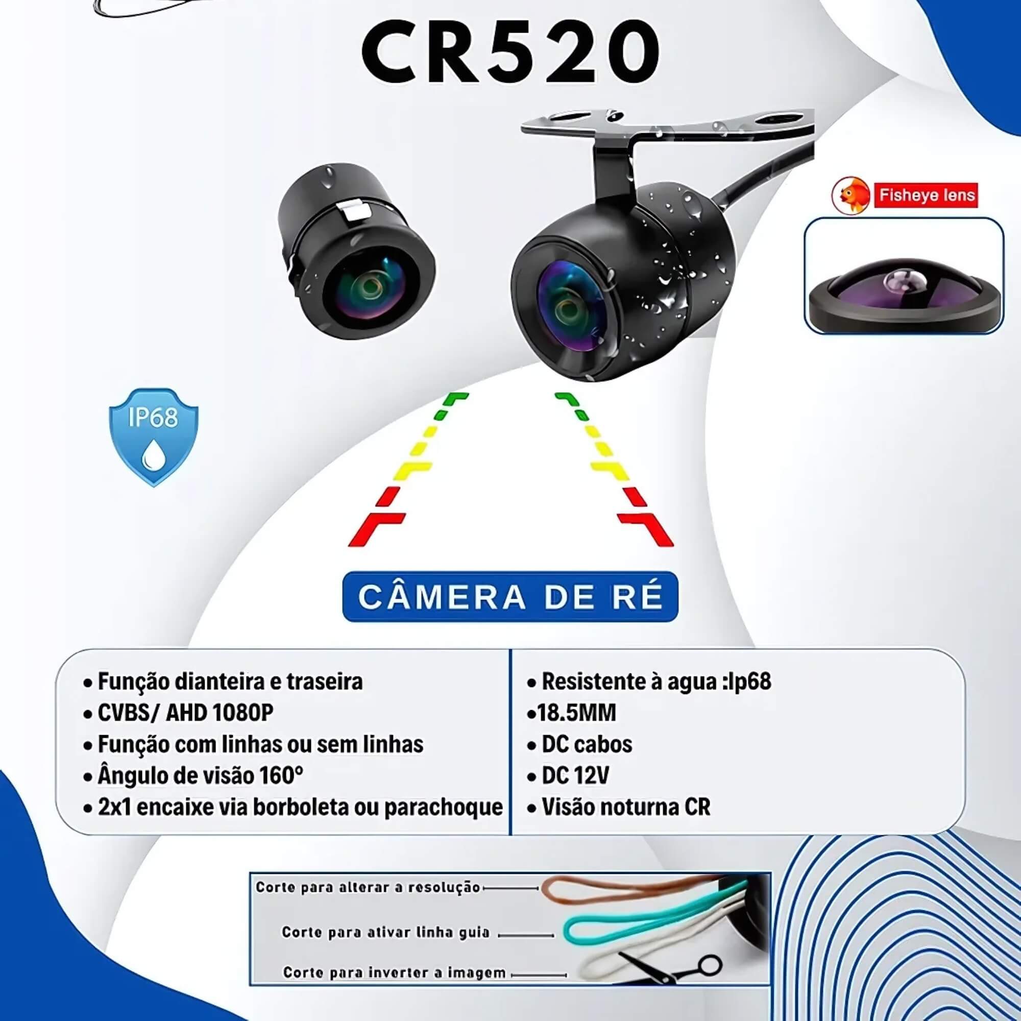 Câmera de Ré 2x1 Dianteira/Traseira CVBS/AHD 1080P Resistente à Água H-Tech CR520