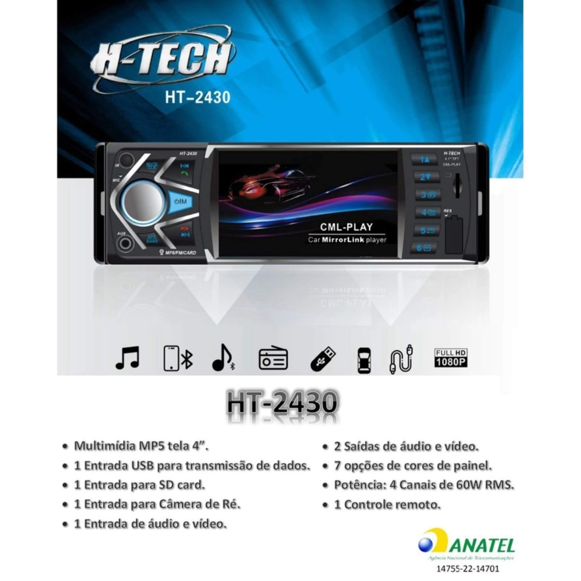 Multimídia Mp5 1Din 4" Bluetooth Espelhamento Android IOS USB BT SD Card Universal H-Tech - HT-2430